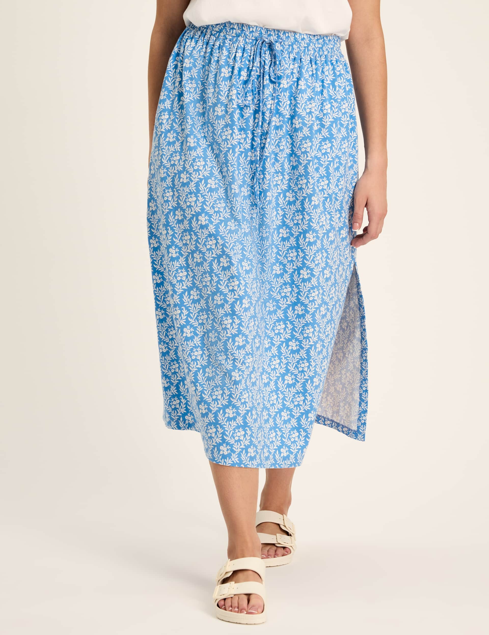 Joules Women's Pure Cotton Floral Drawstring Midi Skirt - 16 - Blue Mix, Green Mix,Blue Mix