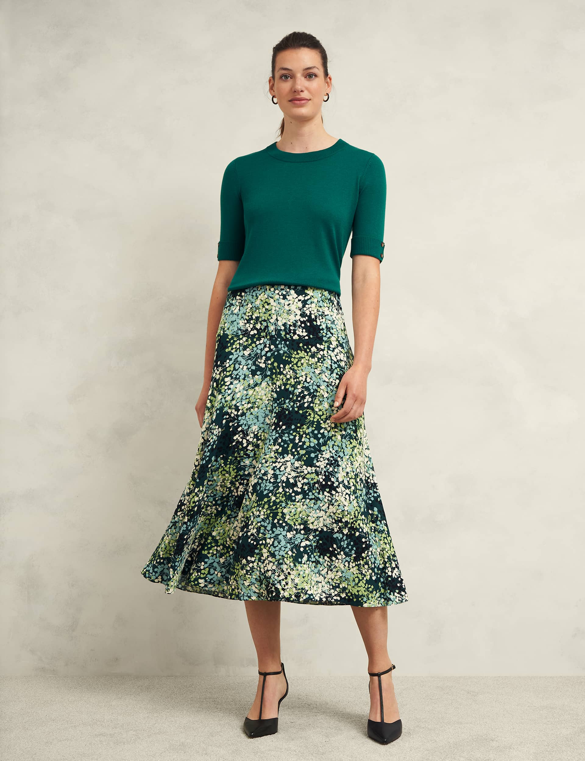 Hobbs Women's Floral Midi A-Line Skirt - 14 - Green Mix, Green Mix