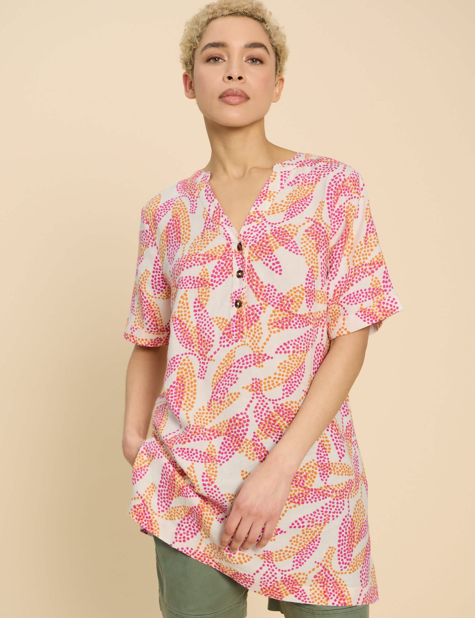 White Stuff Women's Pure Linen Printed Notch Neck Tunic