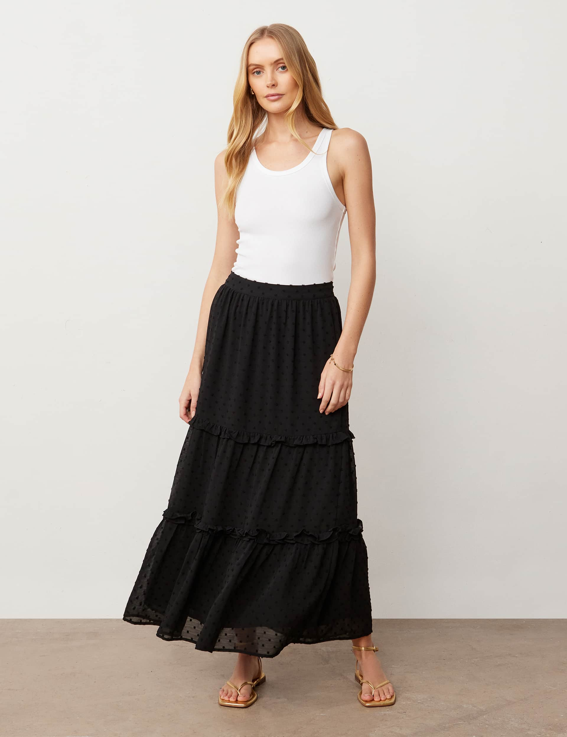 Finery London Women's Midi Tiered Skirt - 14 - Black, Black