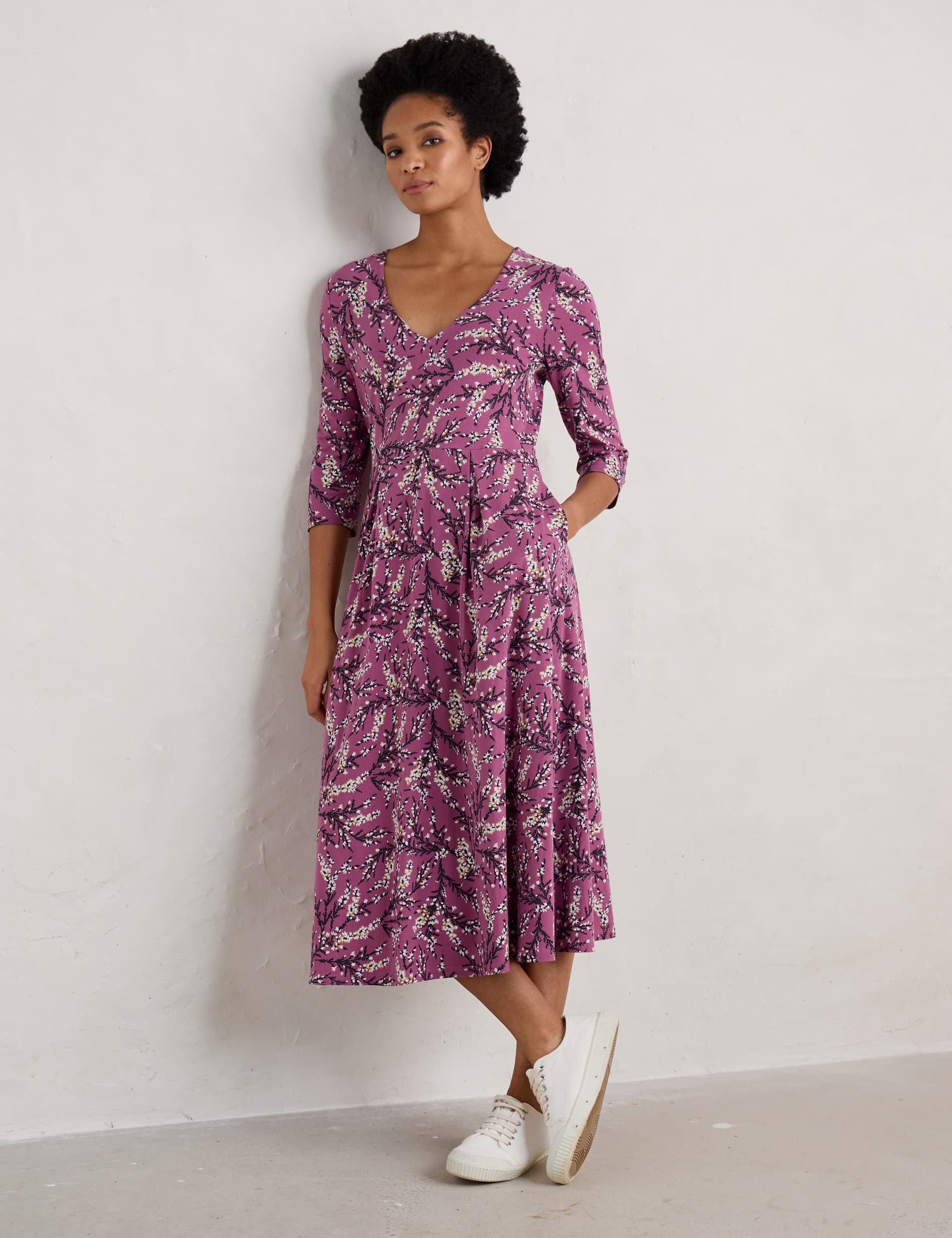 Seasalt Cornwall Women's Cotton Rich Floral Midi Waisted Dress - 8REG - Purple Mix, Purple Mix