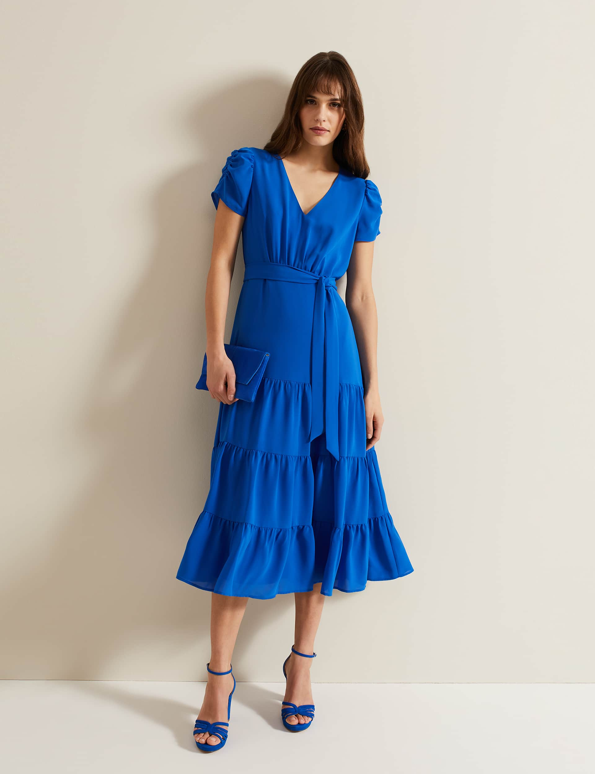 Phase Eight Women's V-Neck Midi Tiered Dress - 12 - Blue, Blue