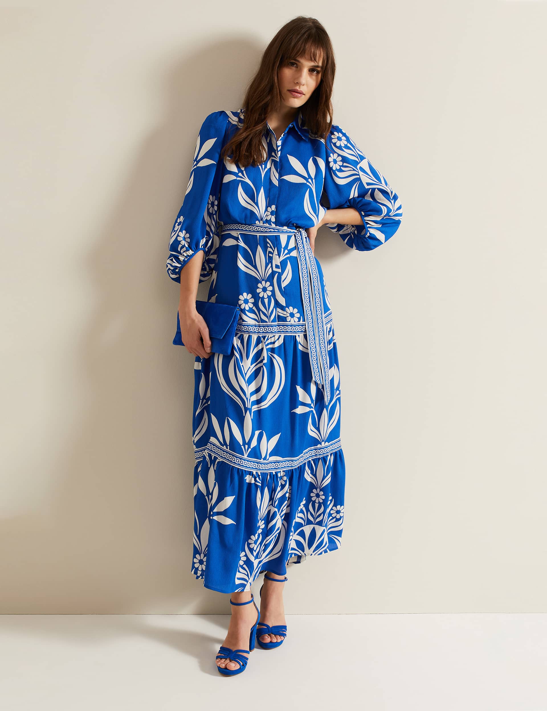 Phase Eight Women's Printed Collared Midaxi Shirt Dress - 12 - Blue Mix, Blue Mix