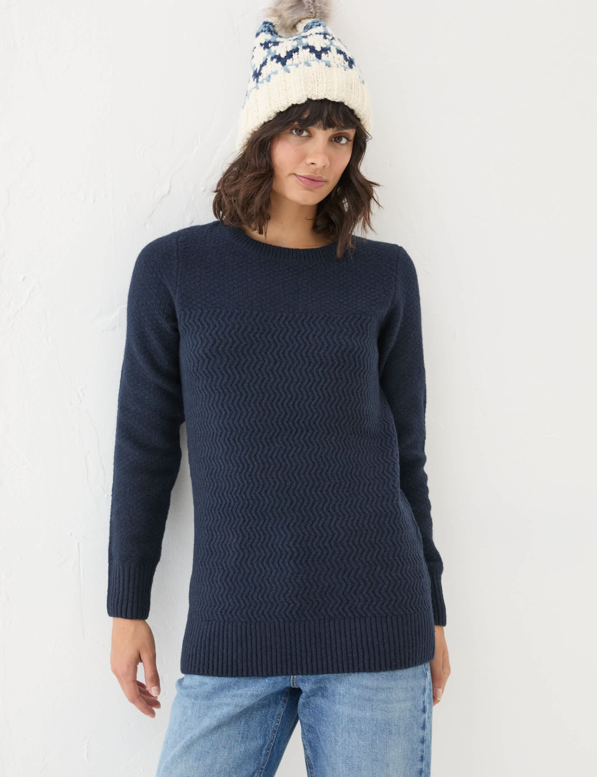 Fatface Women's Textured Crew Neck Jumper with Wool - 6 - Navy, Navy