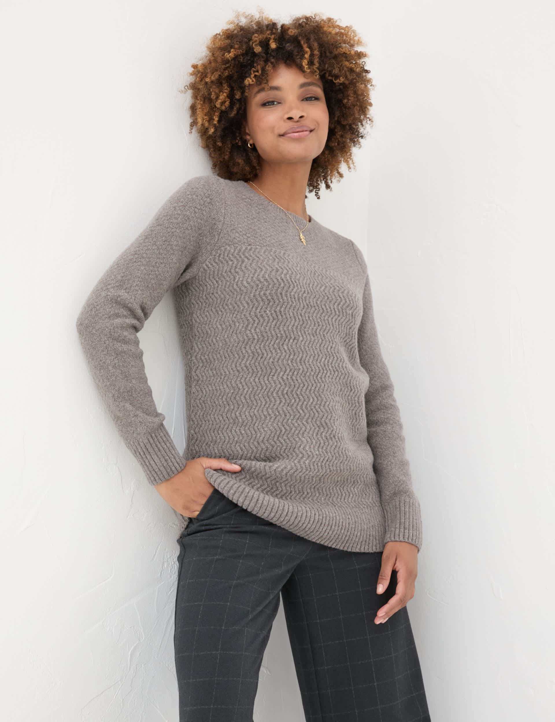 Fatface Women's Textured Crew Neck Jumper with Wool - 10 - Light Brown, Light Brown,Navy