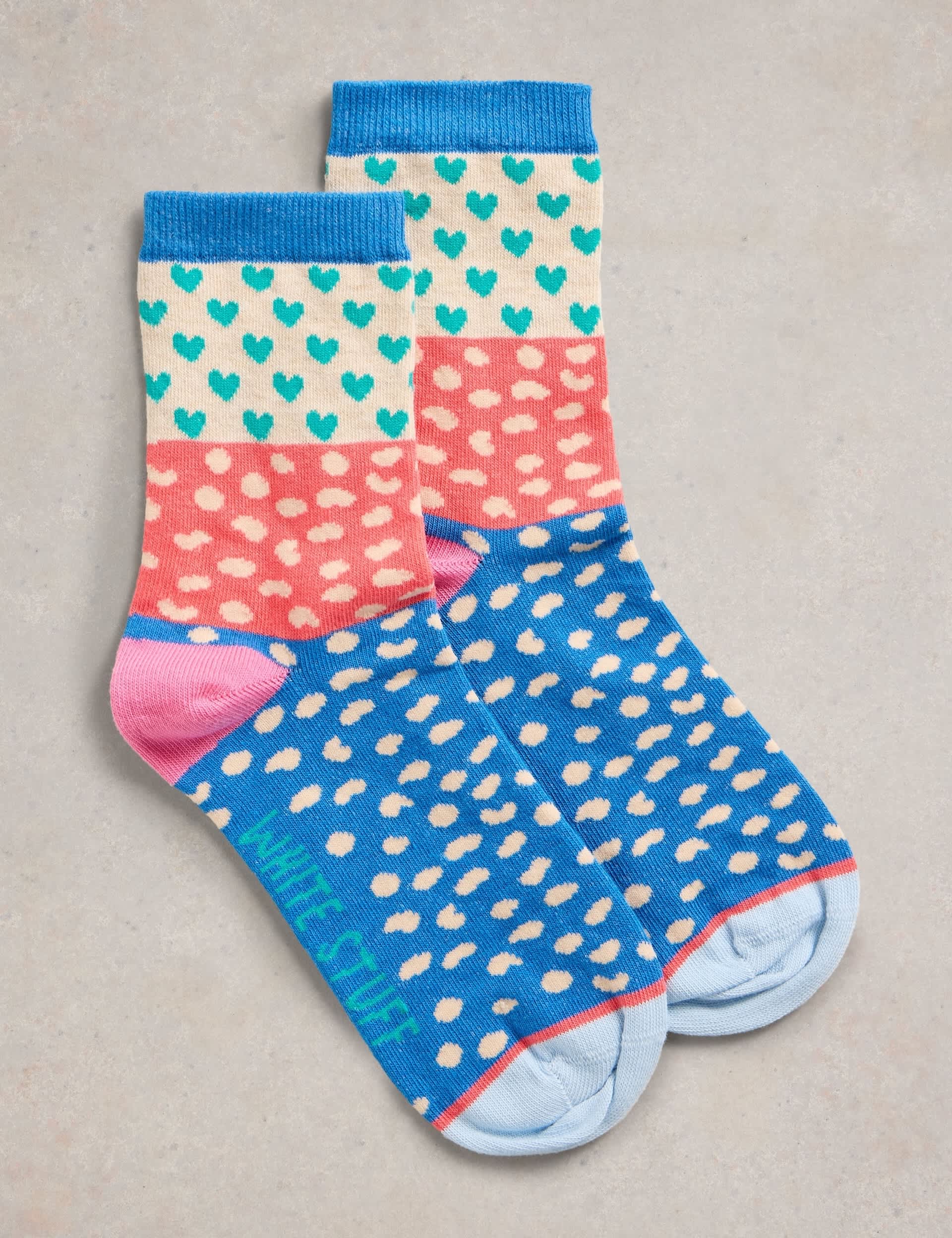 White Stuff Women's Cotton Rich Heart Spot Ankle High Socks - 6-8 - Blue Mix, Blue Mix