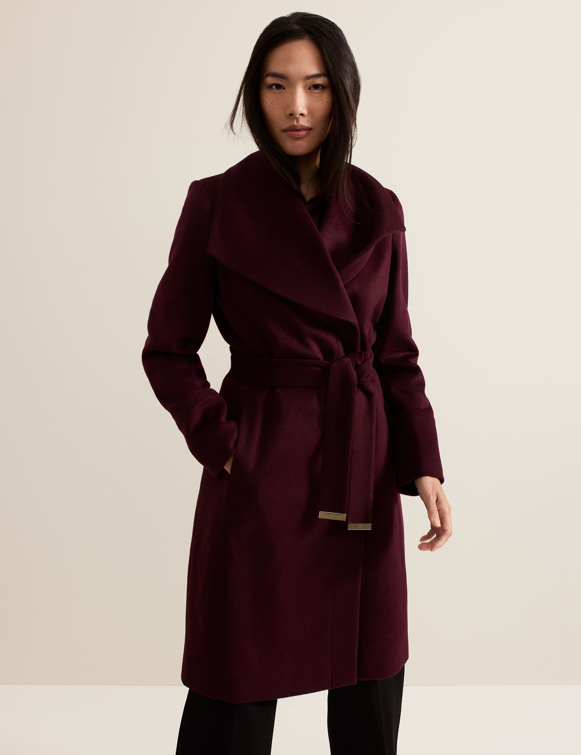 Phase Eight Women's Wool Rich Belted Longline Tailored Coat - 12 - Burgundy, Burgundy