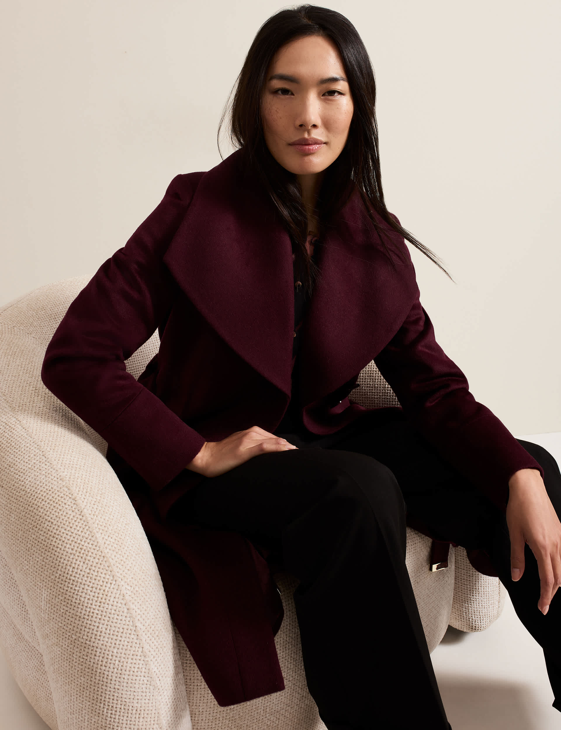 Phase Eight Women's Wool Rich Belted Longline Tailored Coat - 22 - Burgundy, Burgundy