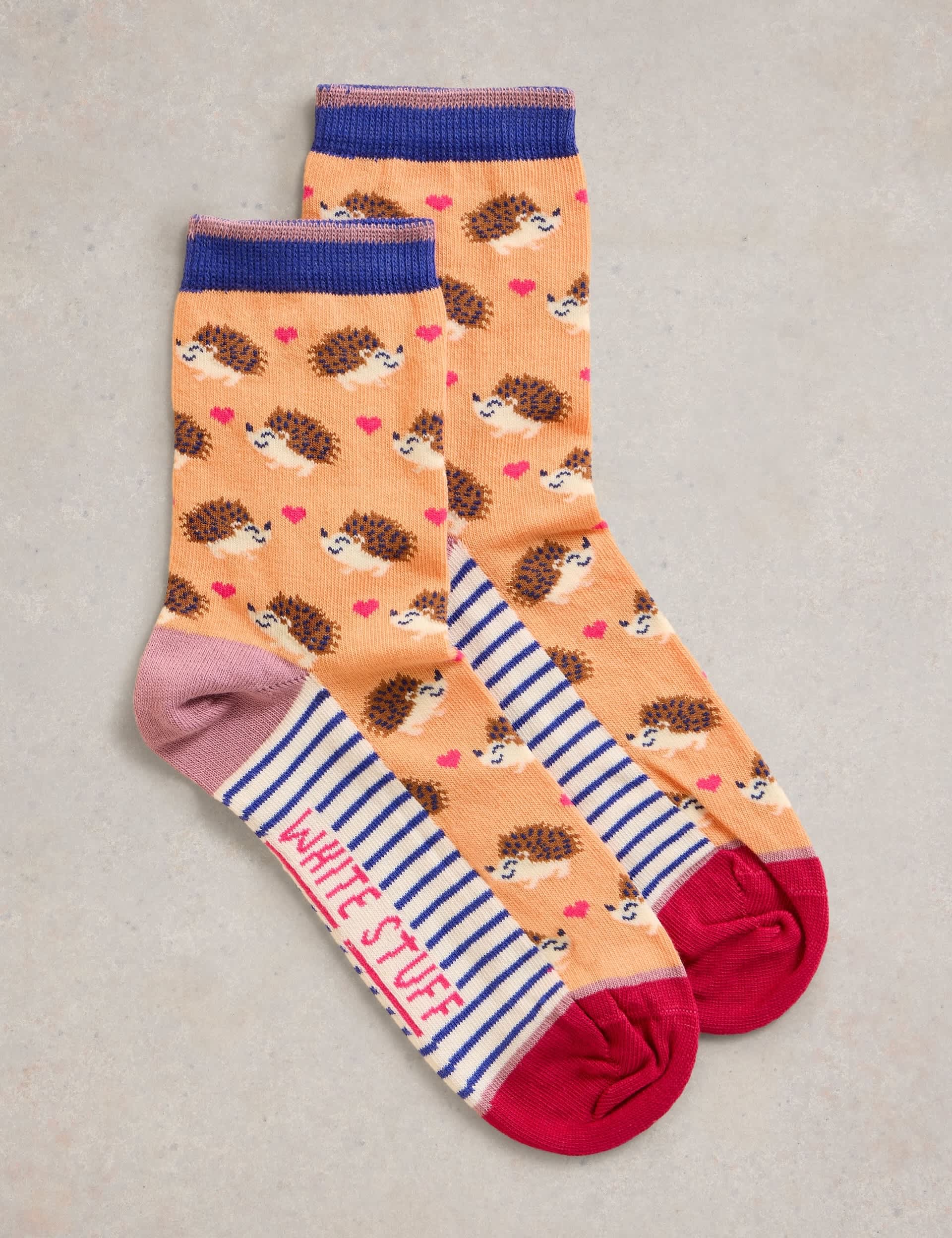 White Stuff Women's Cotton Rich Hedgehog Ankle High Socks - 6-8 - Orange Mix, Orange Mix