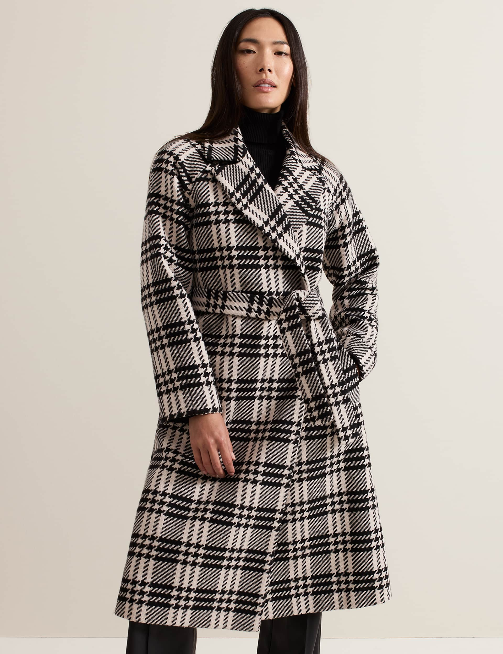 Phase Eight Women's Wool Blend Checked Longline Wrap Coat - 10 - Black, Black