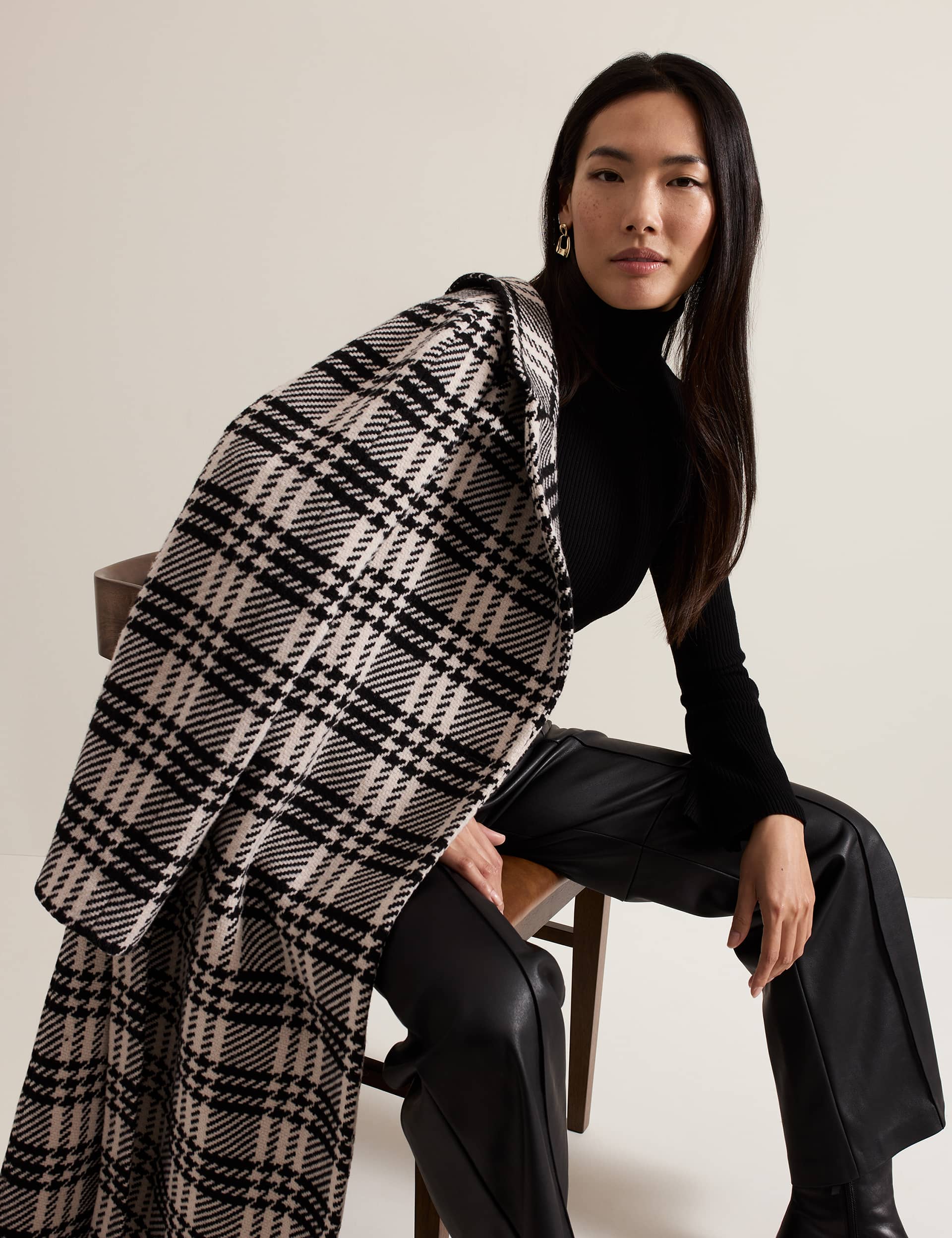 Phase Eight Women's Wool Blend Checked Longline Wrap Coat - 12 - Black, Black