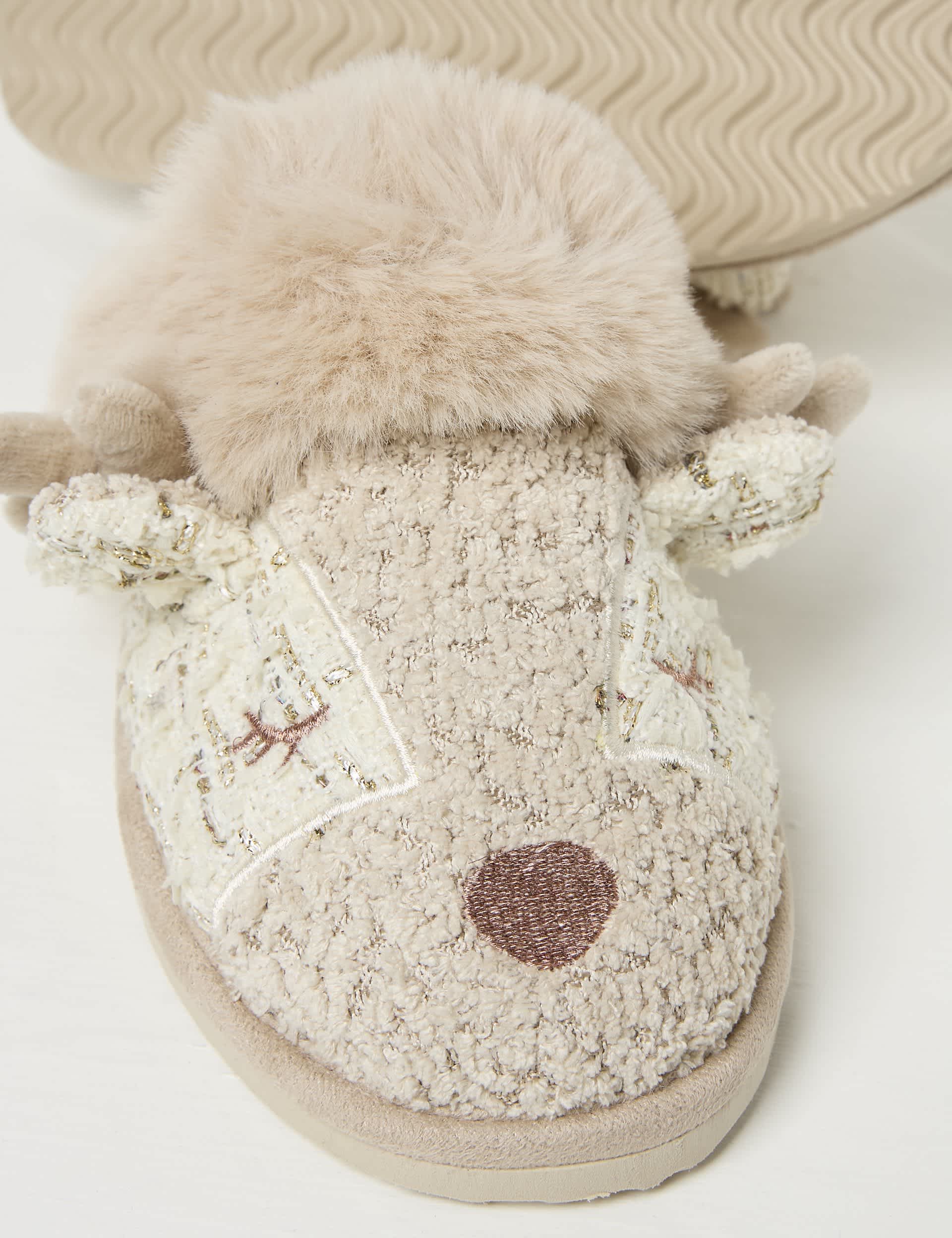 Fatface Women's Faux Fur Deer Mule Slippers - Ivory, Ivory