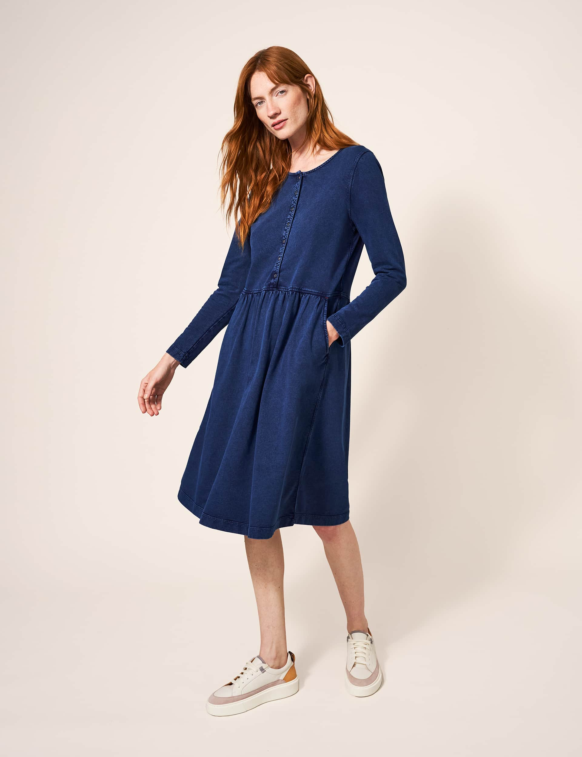 White Stuff Women's Jersey Round Neck Knee Length Smock Dress - 10 - Med Blue Denim, Med Blue Denim