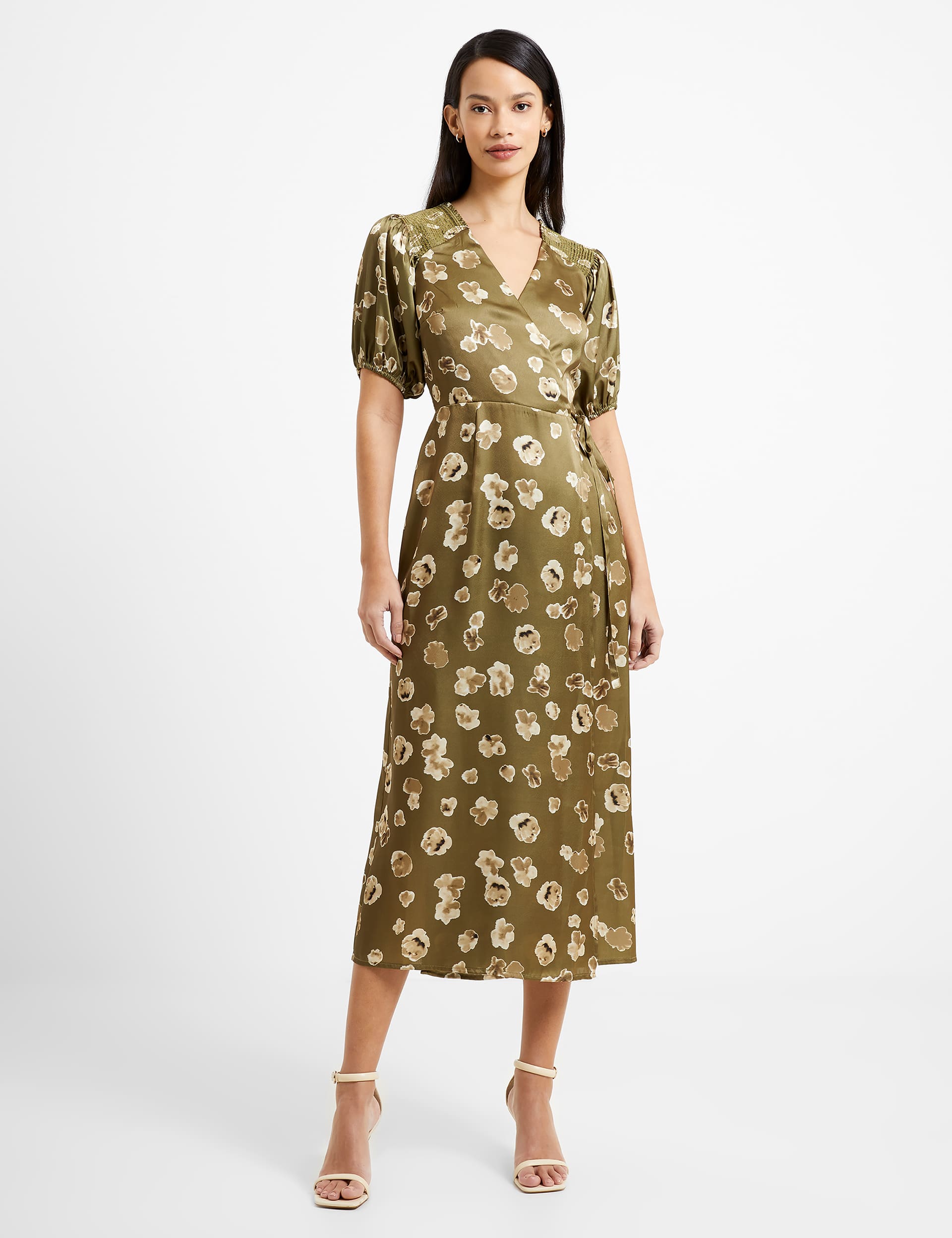 French Connection Women's Satin Floral V-Neck Midi Wrap Dress - 8 - Green Mix, Green Mix