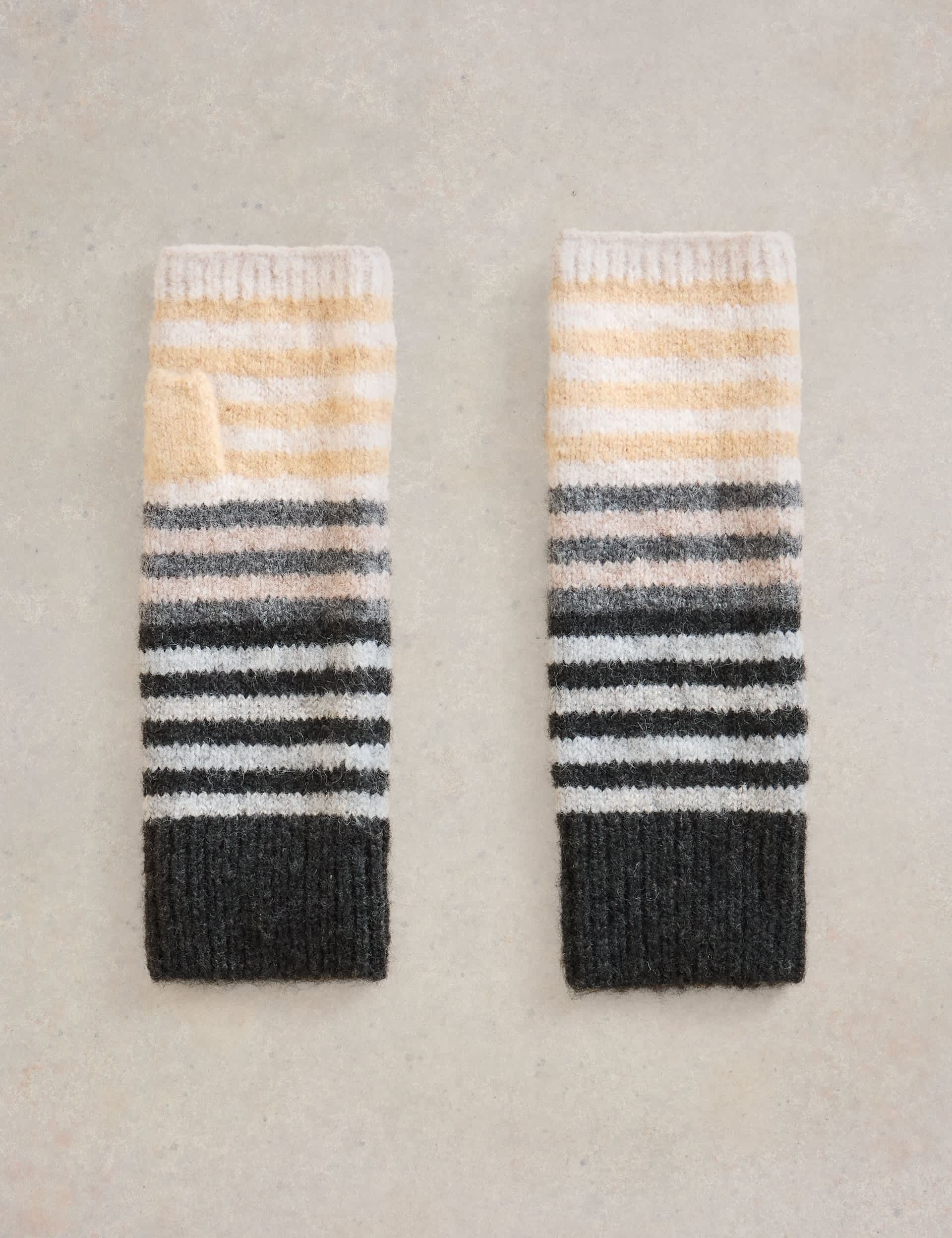 White Stuff Women's Knitted Striped Arm Warmers with Wool - Natural Mix, Natural Mix