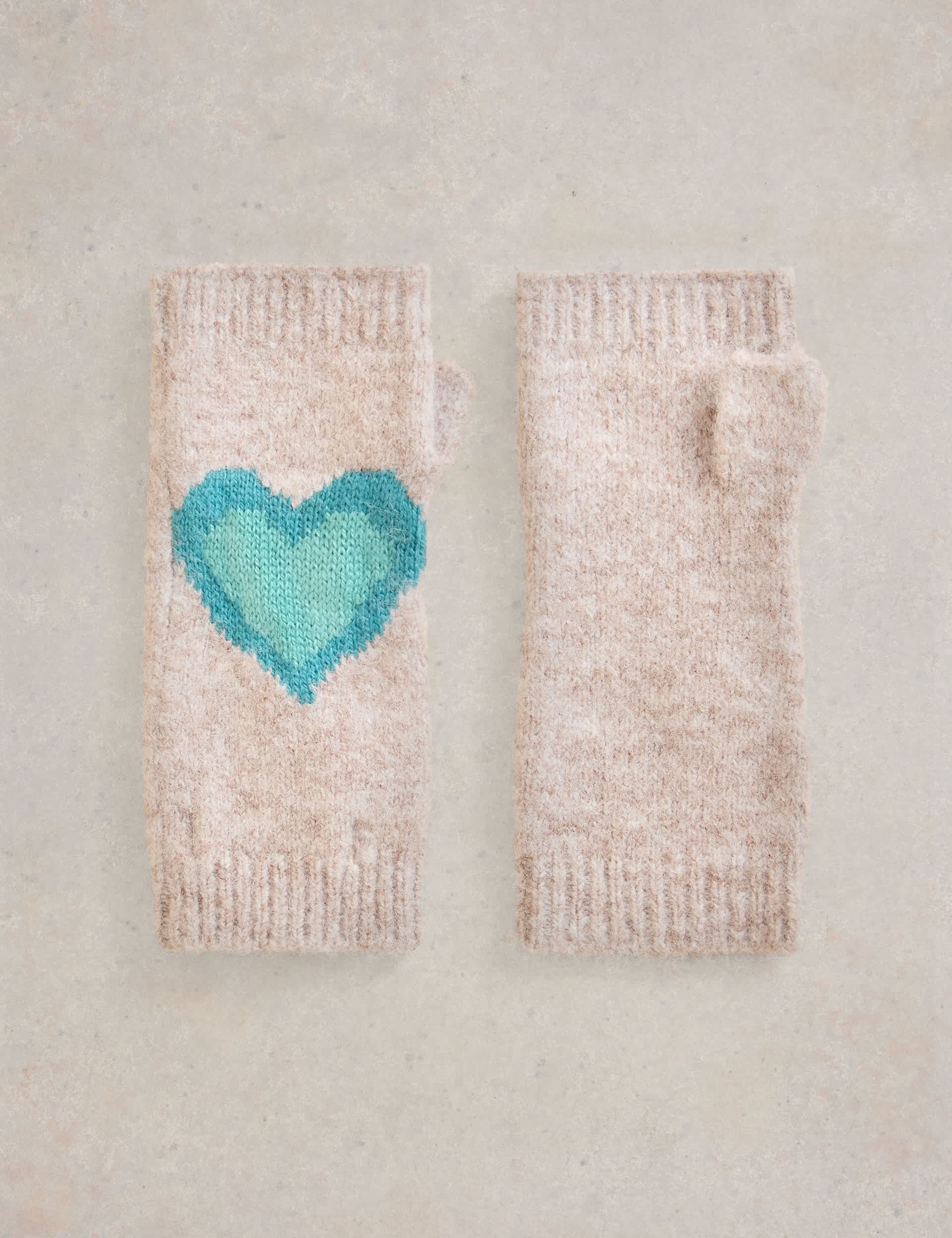 White Stuff Women's Knitted Heart Fingerless Goves with Wool - Natural Mix, Natural Mix