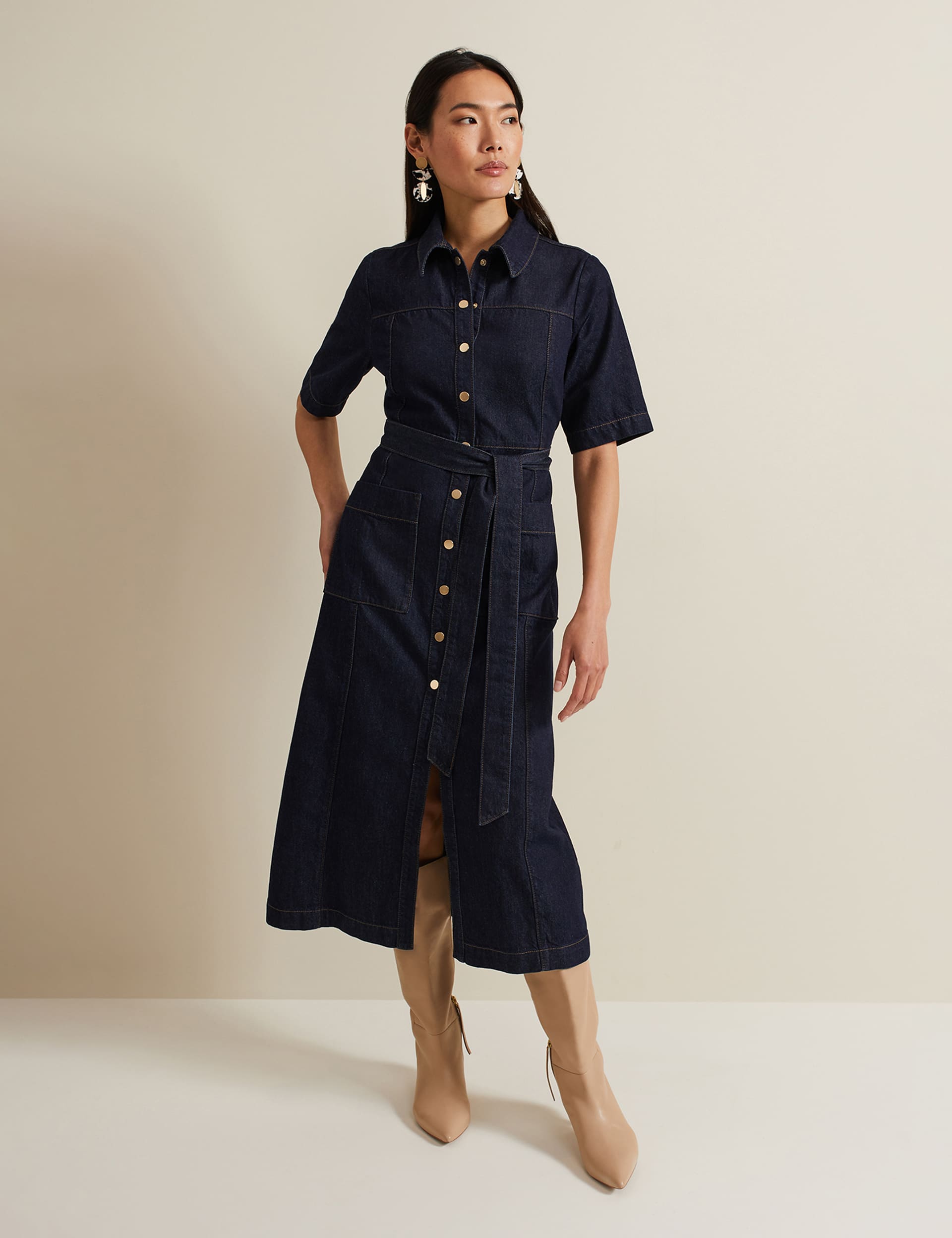 Phase Eight Women's Denim Tie Waist Midi Shirt Dress - 14 - Navy, Navy