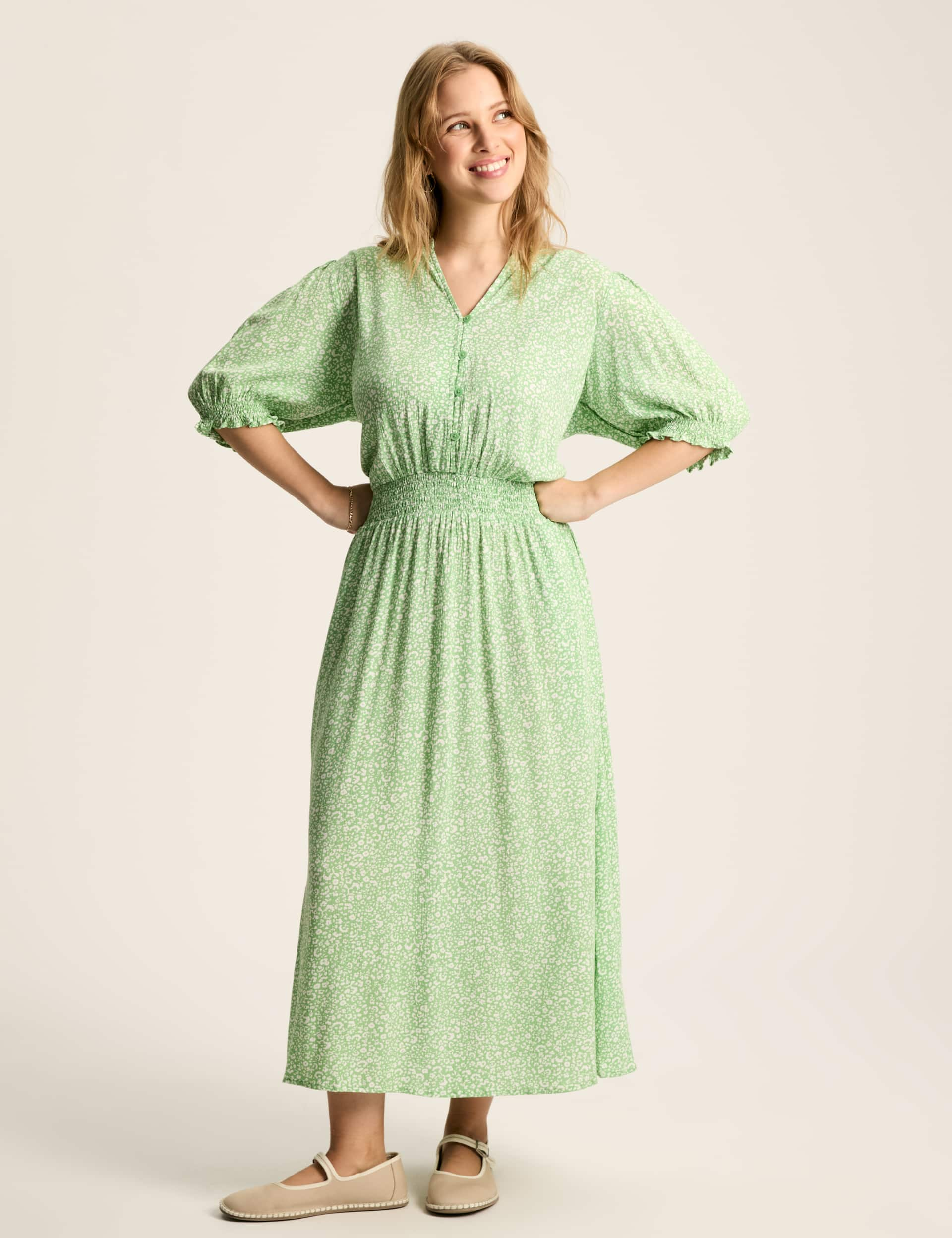 Joules Women's Printed V-Neck Midaxi Shirred Waisted Dress - 10 - Green Mix, Green Mix