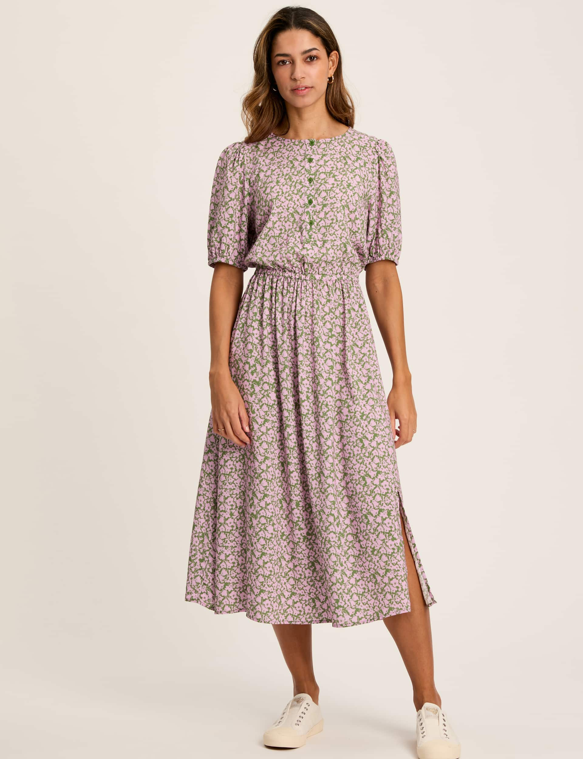 Joules Women's Pure Cotton Floral Midi Waisted Dress - 12 - Green Mix, Green Mix