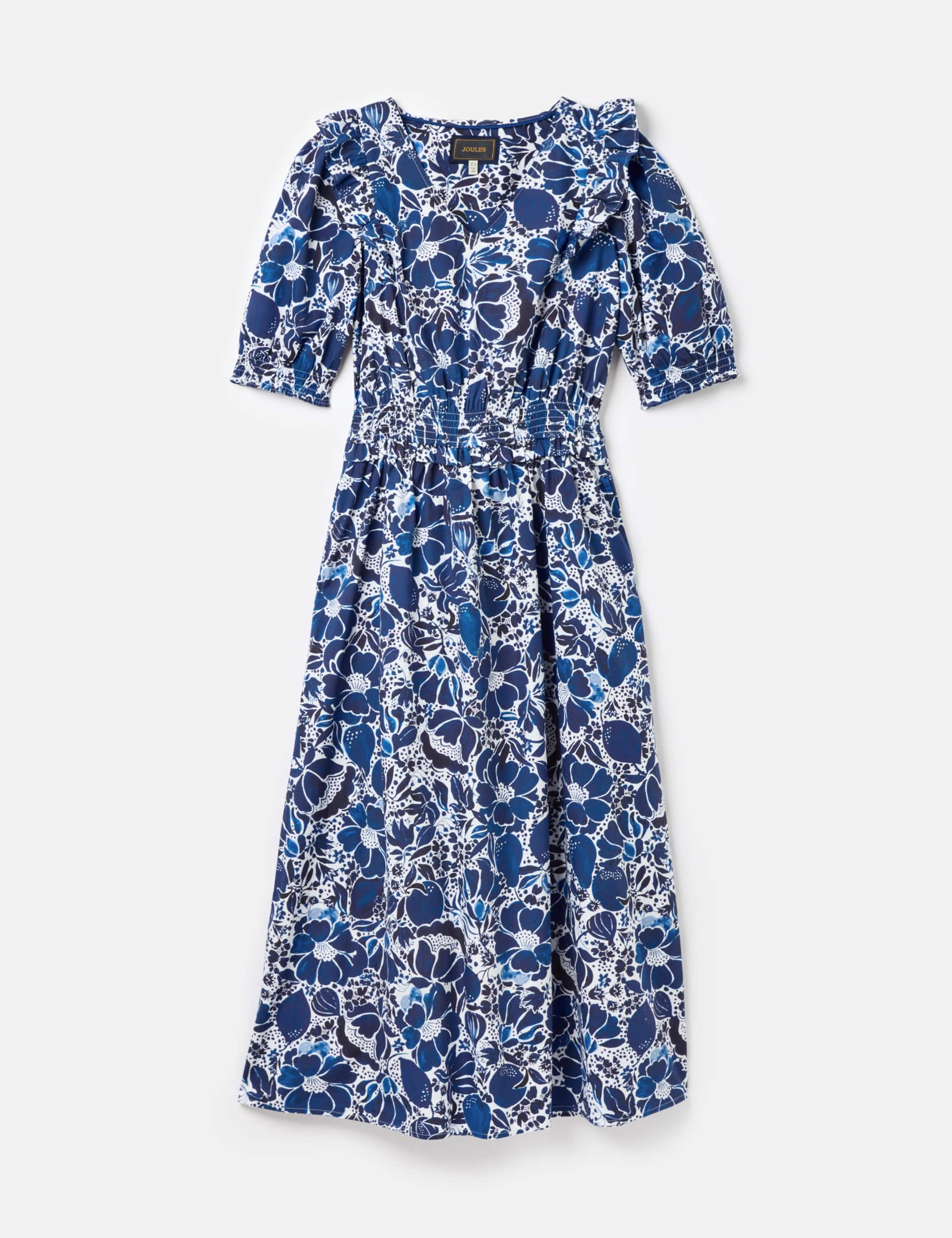 Joules Women's Pure Cotton Floral V-Neck Midaxi Dress - 8 - Blue Mix, Blue Mix