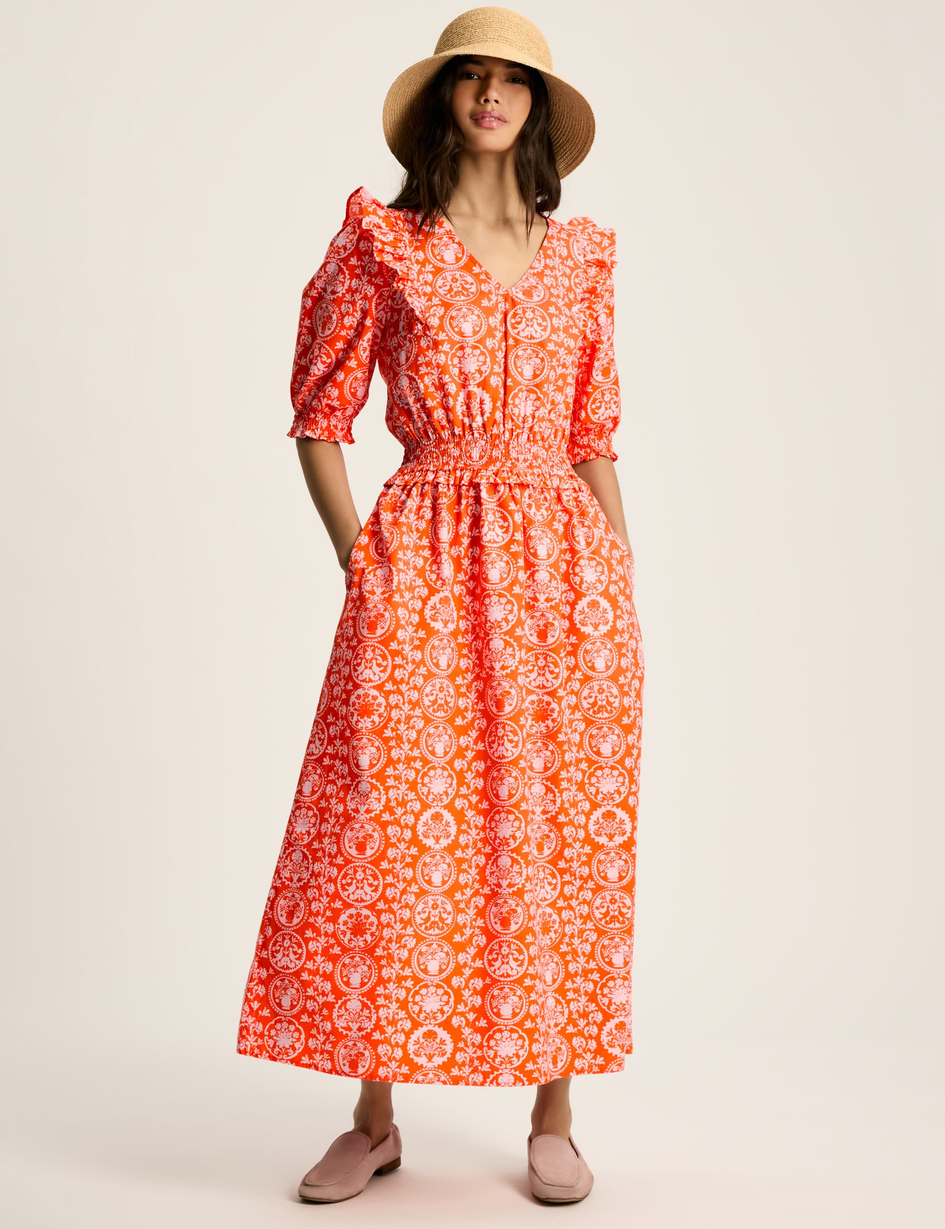 Joules Women's Pure Cotton Printed V-Neck Midaxi Dress