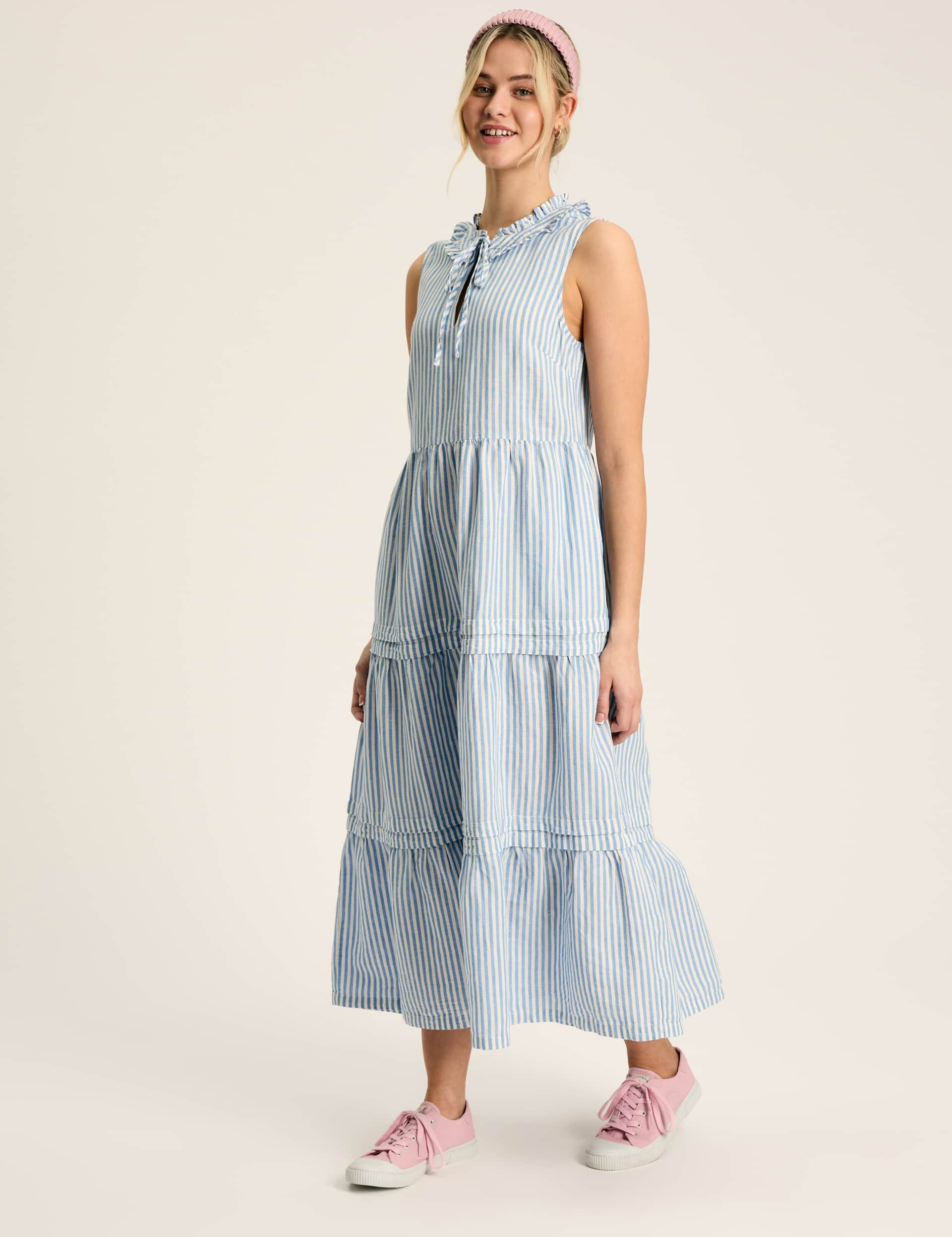 Joules Women's Linen Blend Striped Midaxi Tiered Dress - 12 - Blue Mix, Blue Mix