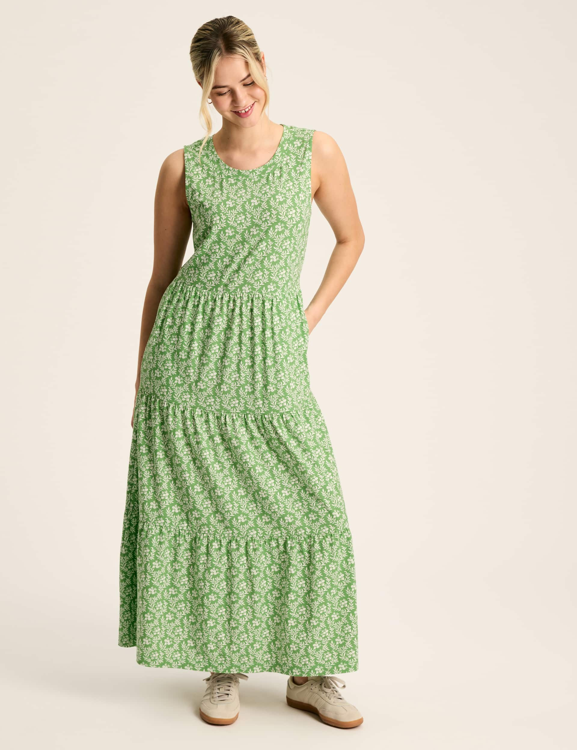 Joules Women's Cotton Rich Floral Midaxi Tiered Dress - 10 - Green Mix, Green Mix