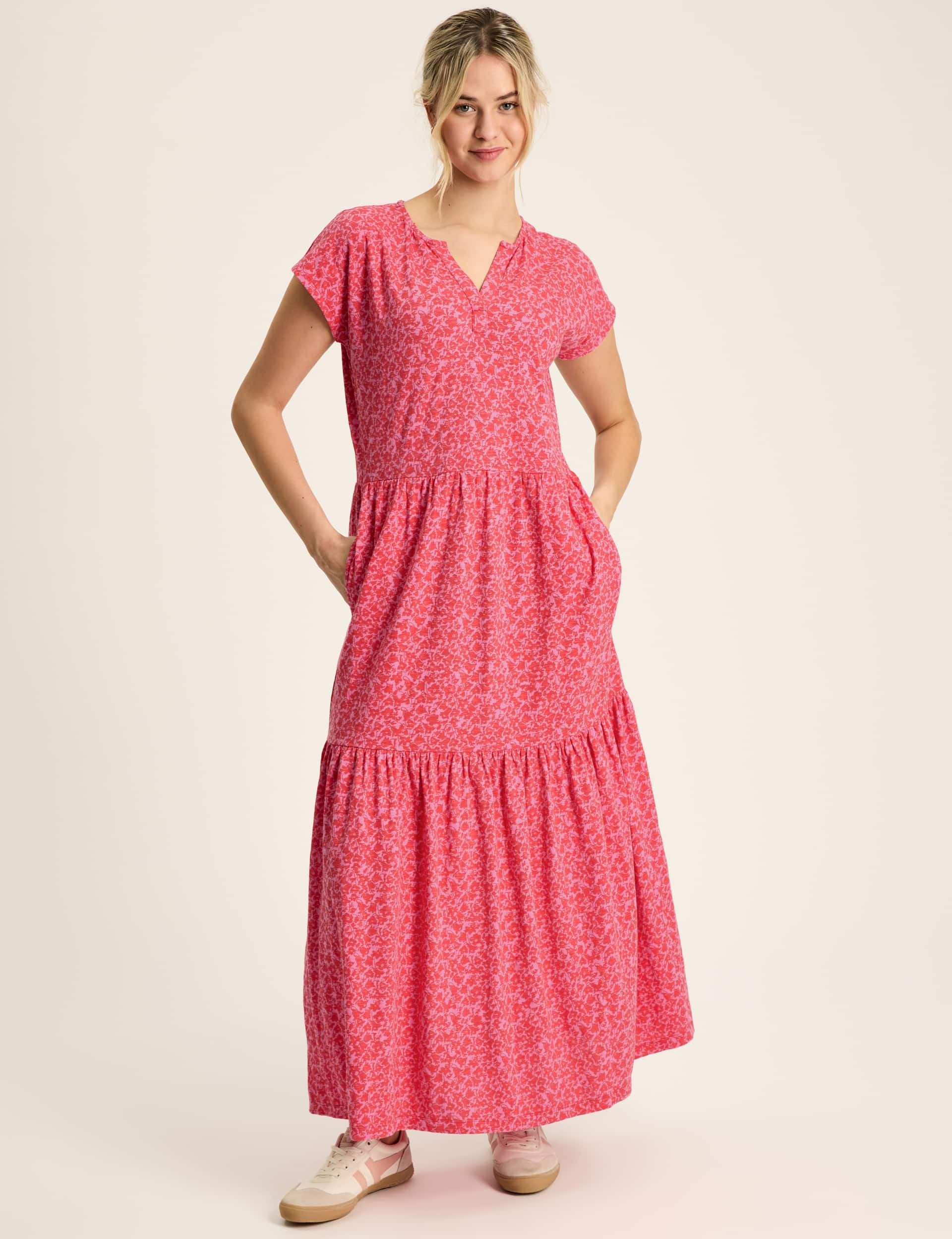 Joules Women's Pure Cotton Floral Notch Neck Maxi Dress - 12 - Pink Mix, Green Mix,Pink Mix,Navy Mix