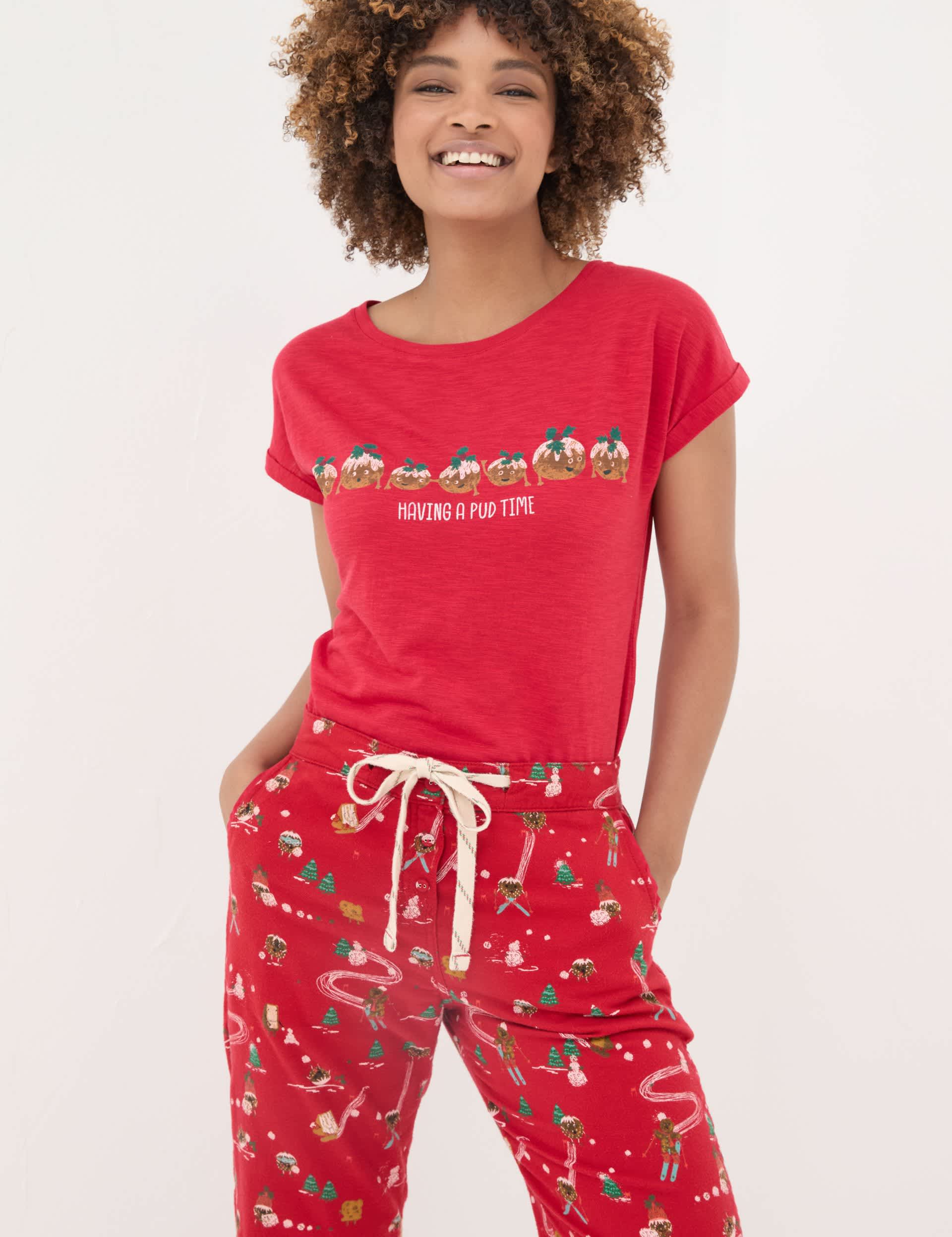 Fatface Women's Cotton Rich Christmas Pudding Pyjama Top - 12 - Red, Red