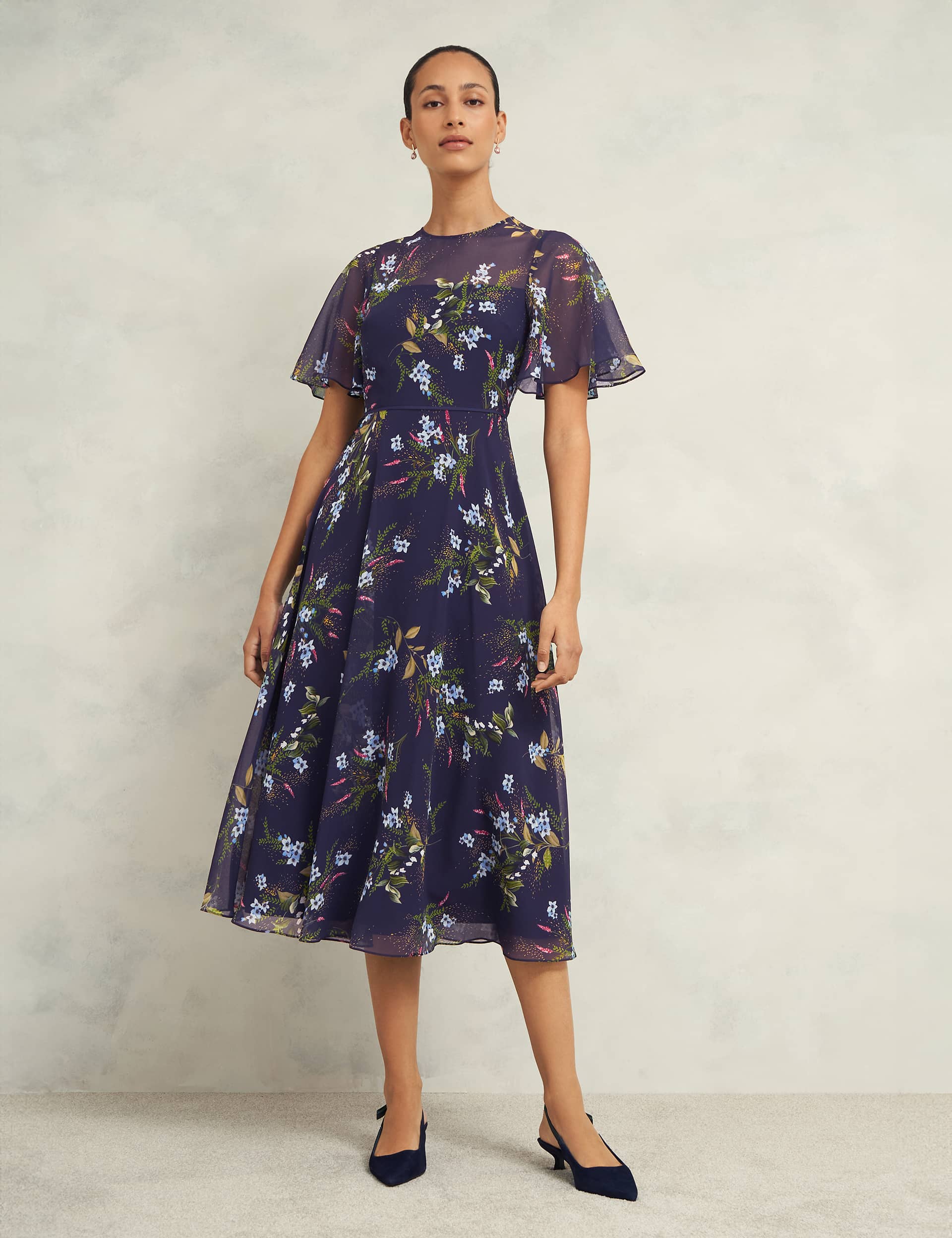 Hobbs Women's Floral Midi Waisted Dress - 12 - Navy Mix, Navy Mix