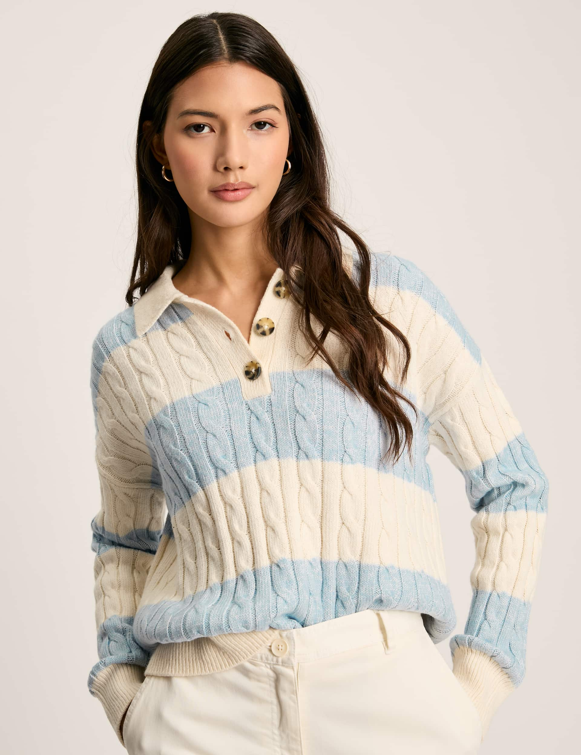 Joules Women's Cotton Rich Cable Knit Striped Collared Jumper - 12 - Blue Mix, Blue Mix