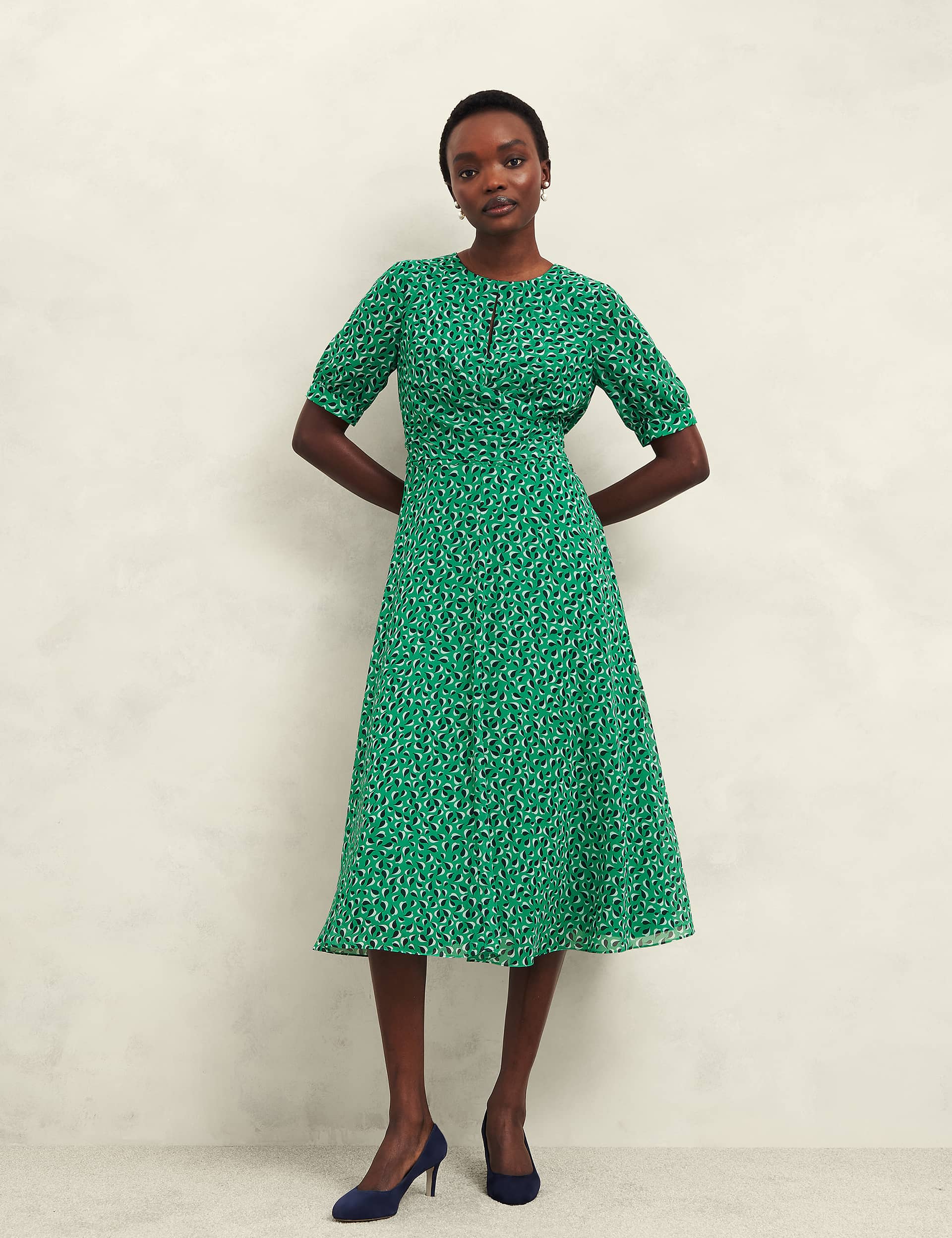 Hobbs Women's Geometric Print Midi Waisted Dress