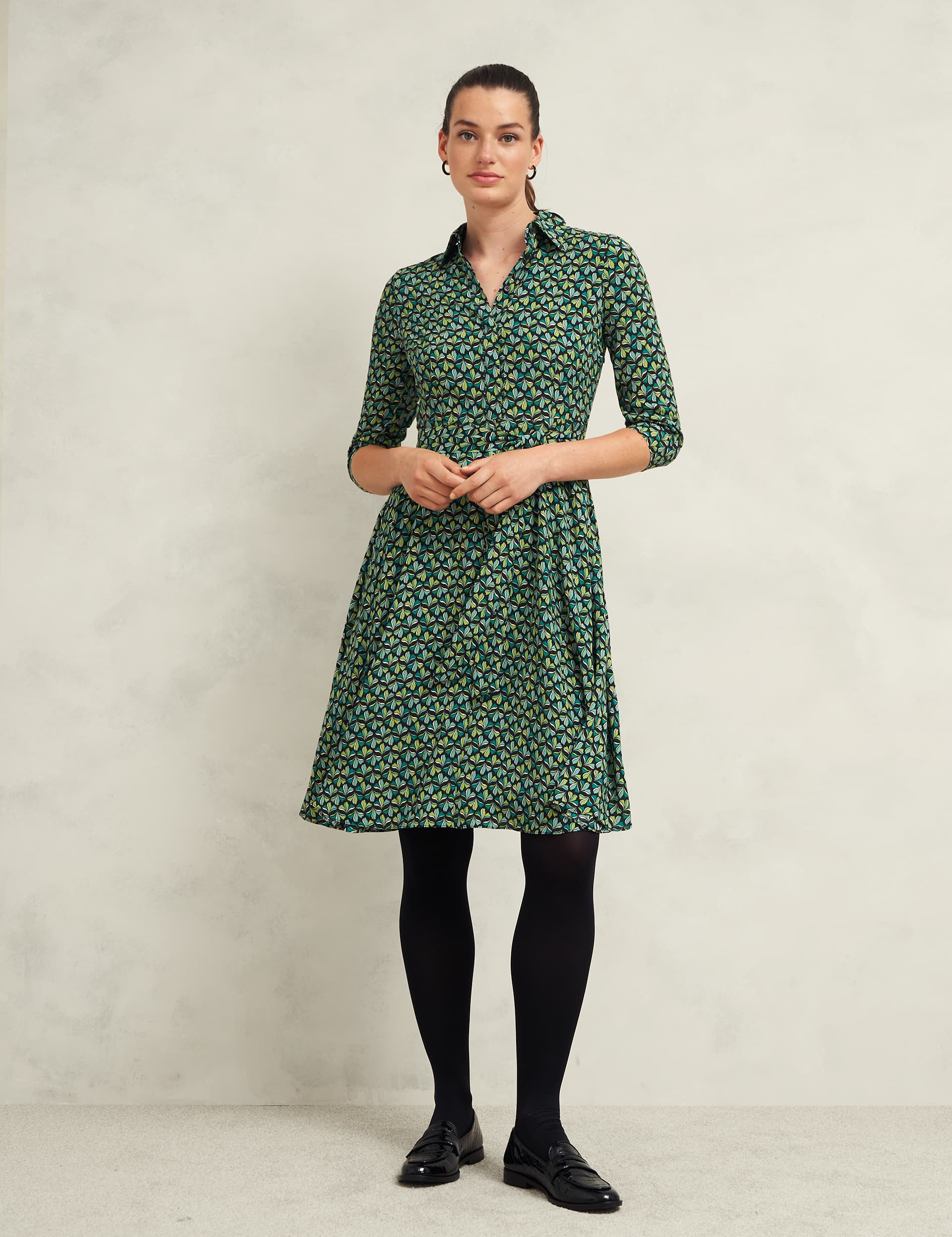 Hobbs Women's Geometric Print Midi Shirt Dress - 12 - Green Mix, Green Mix