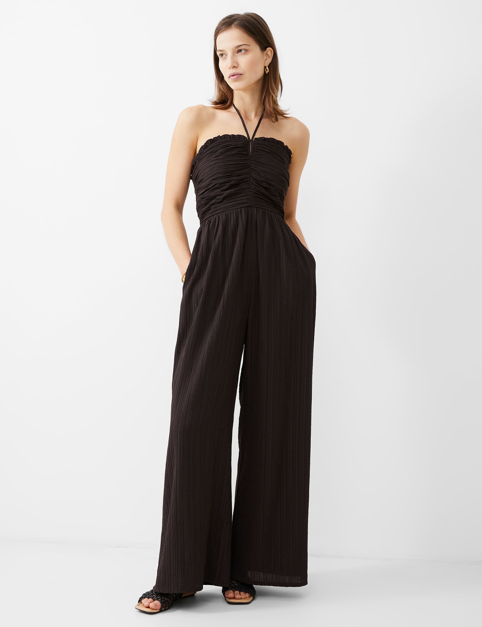 French Connection Women's Textured Ruched Waisted Wide Leg Jumpsuit