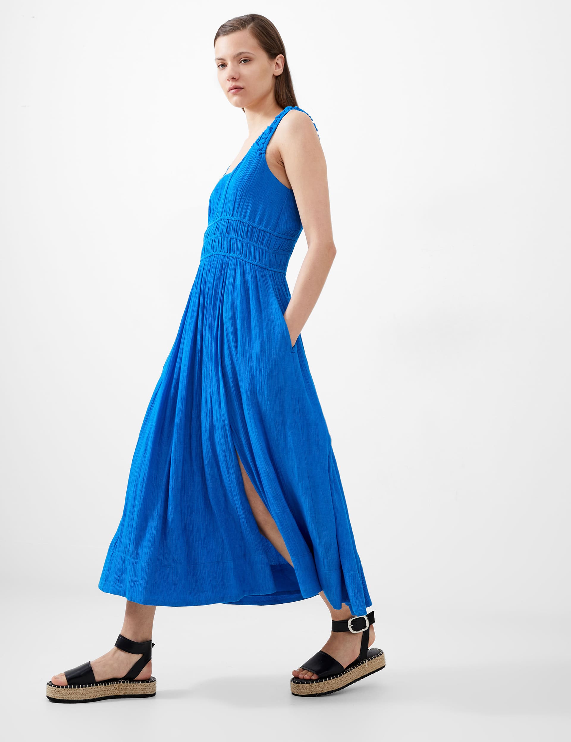 French Connection Women's Textured Square Neck Midi Waisted Dress - 6 - Blue, Blue