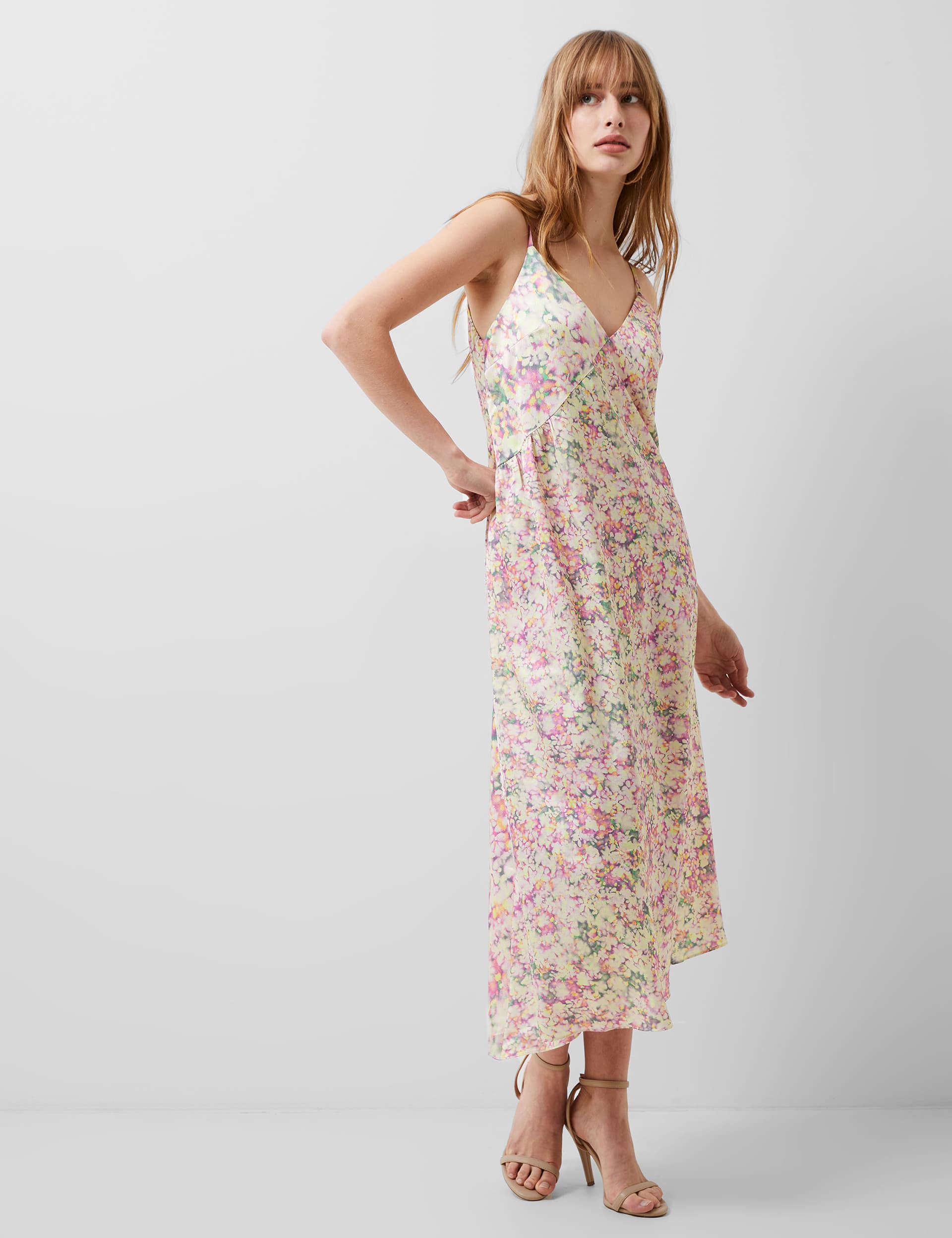French Connection Women's Floral V-Neck Strappy Midi Skater Dress