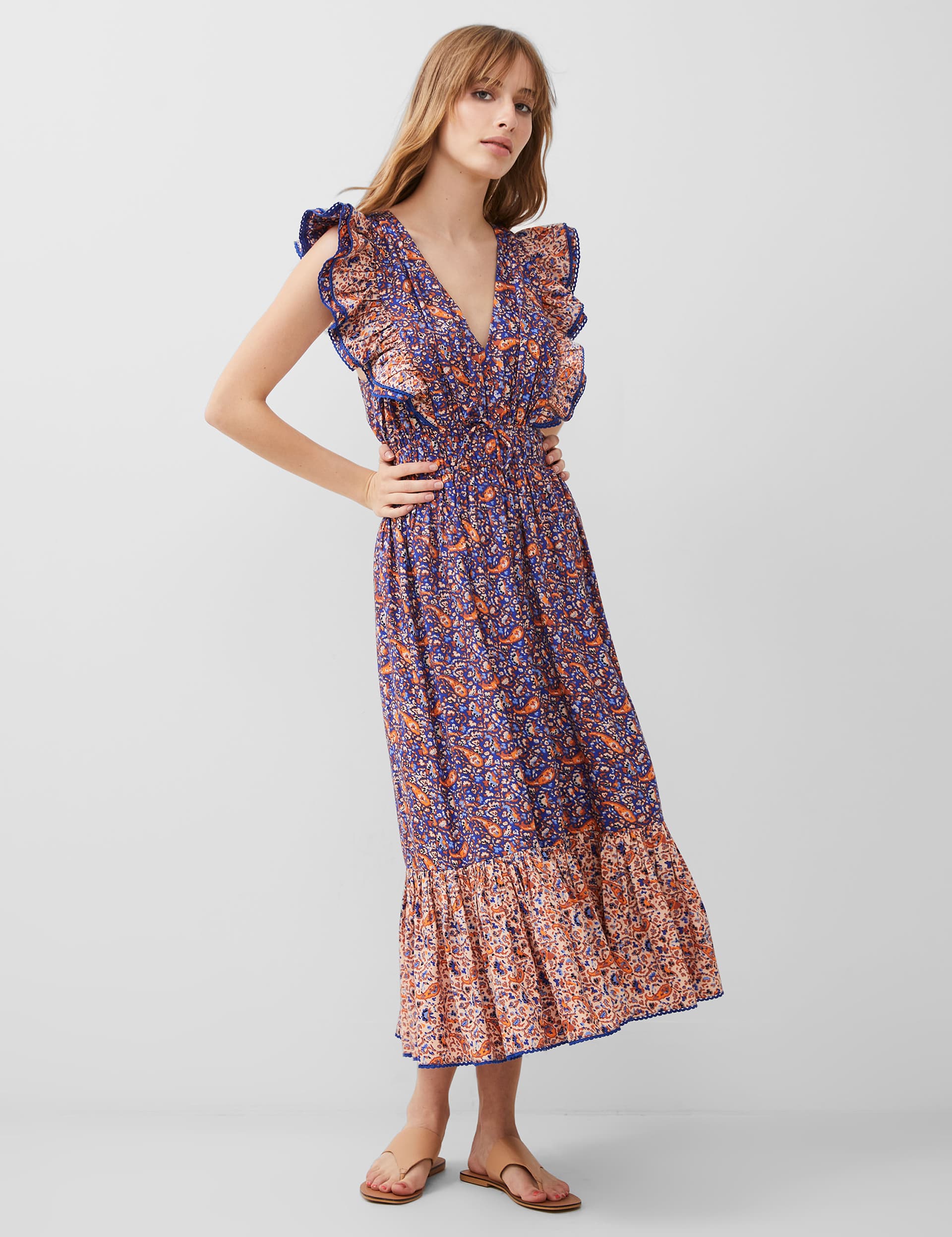 French Connection Women's Cotton Blend Paisley V-Neck Midi Tiered Dress