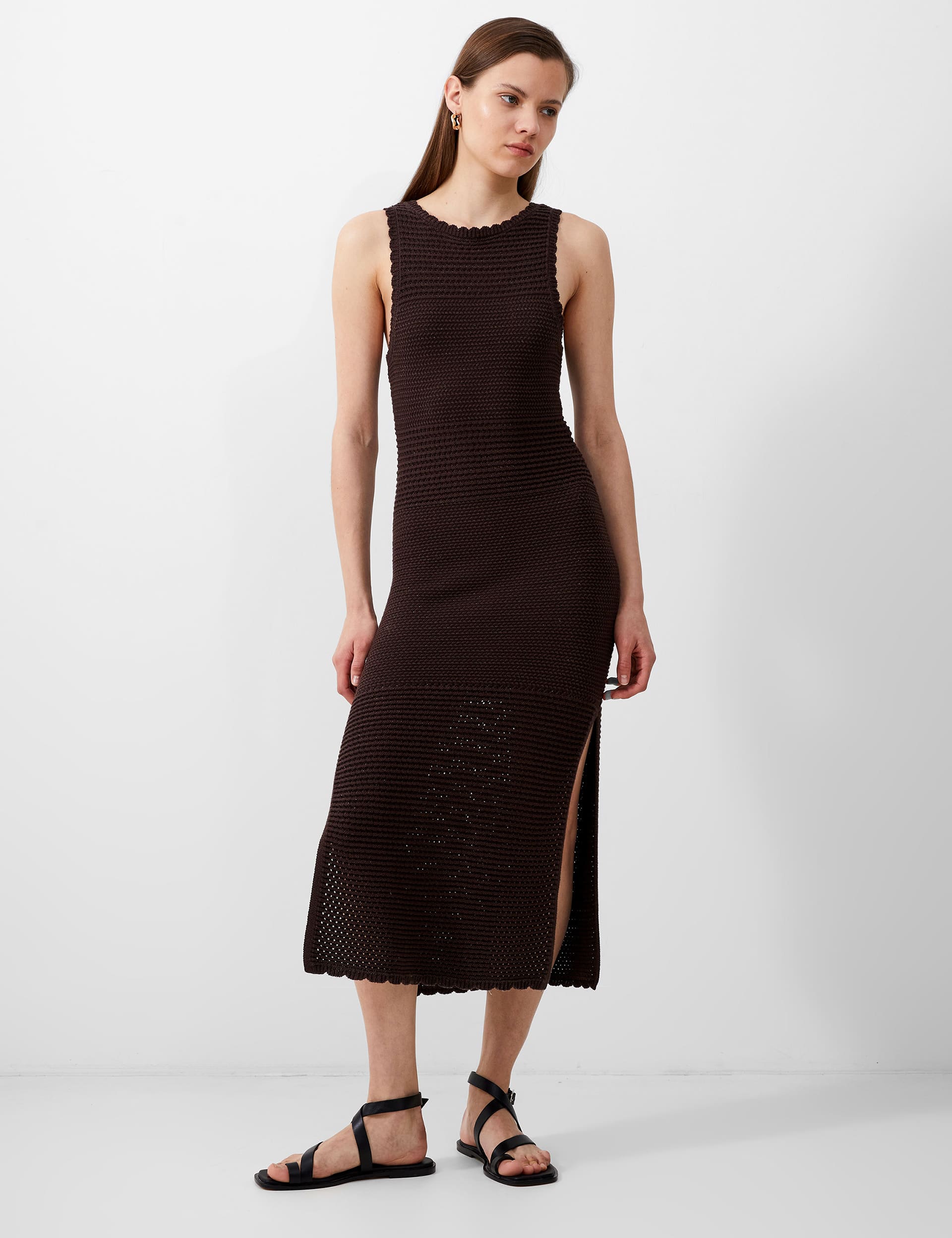 French Connection Women's Pure Cotton Textured Midi Bodycon Dress - Brown, Brown