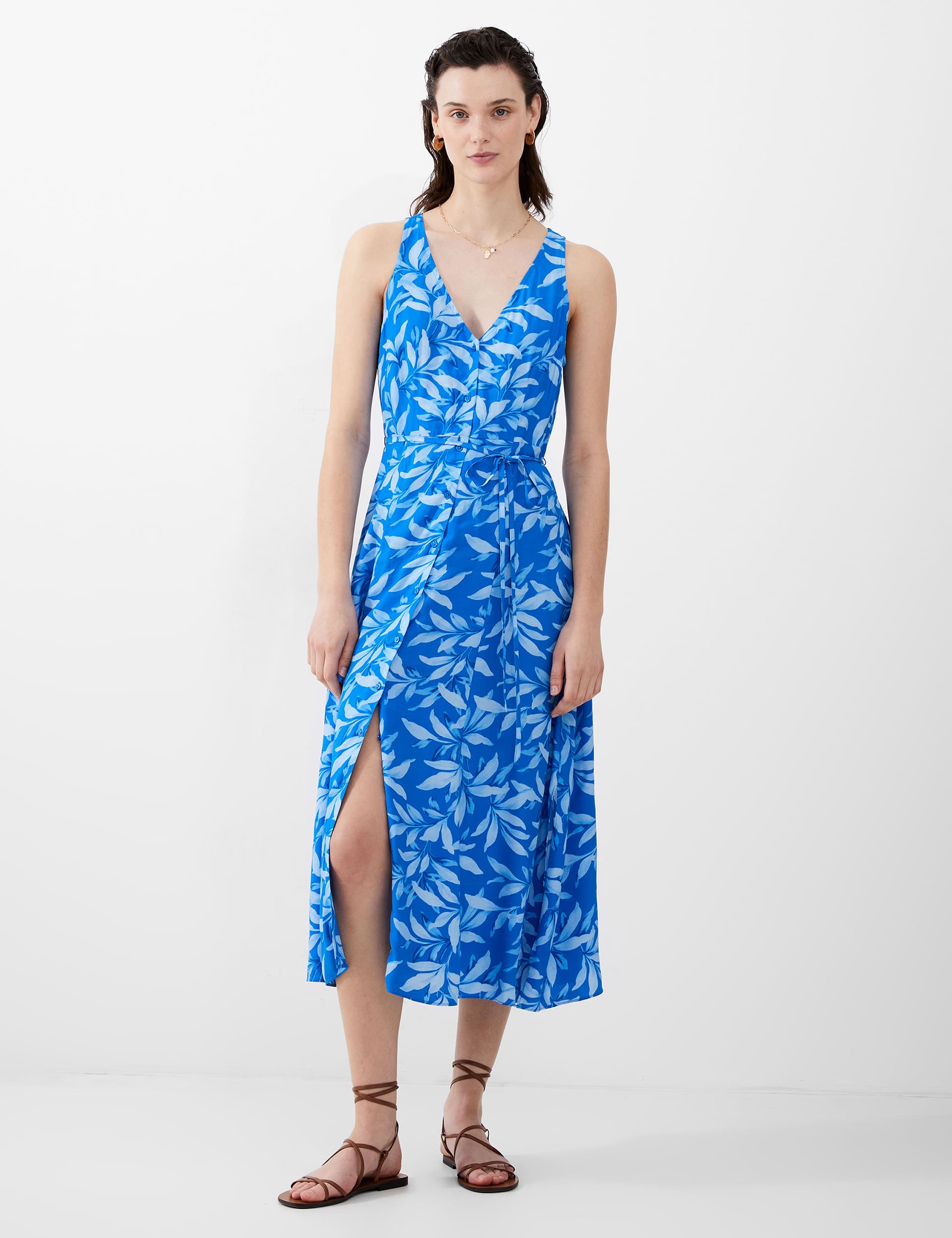 French Connection Women's Floral V-Neck Tie Waist Midi Skater Dress