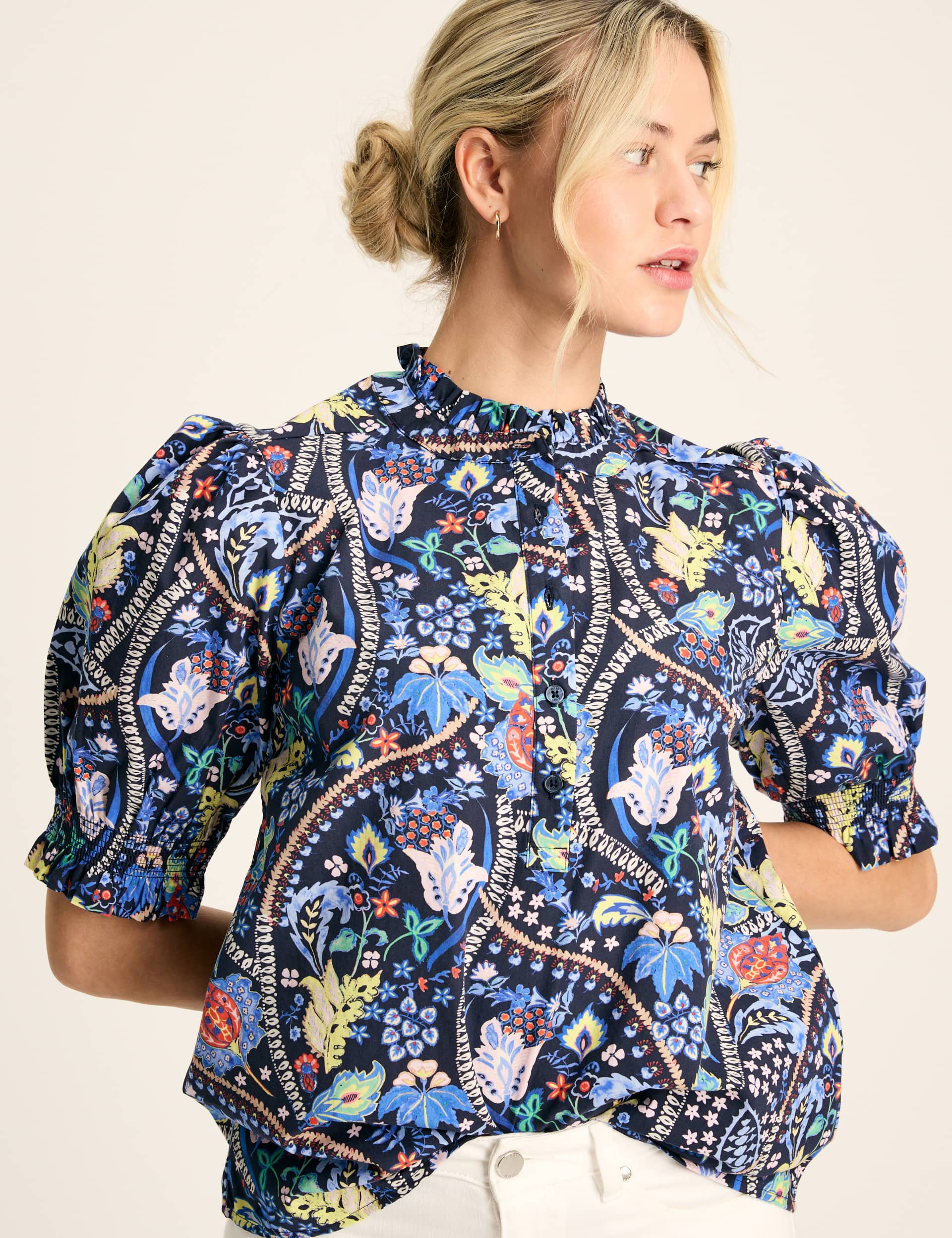 Joules Women's Pure Cotton Floral High Neck Blouse