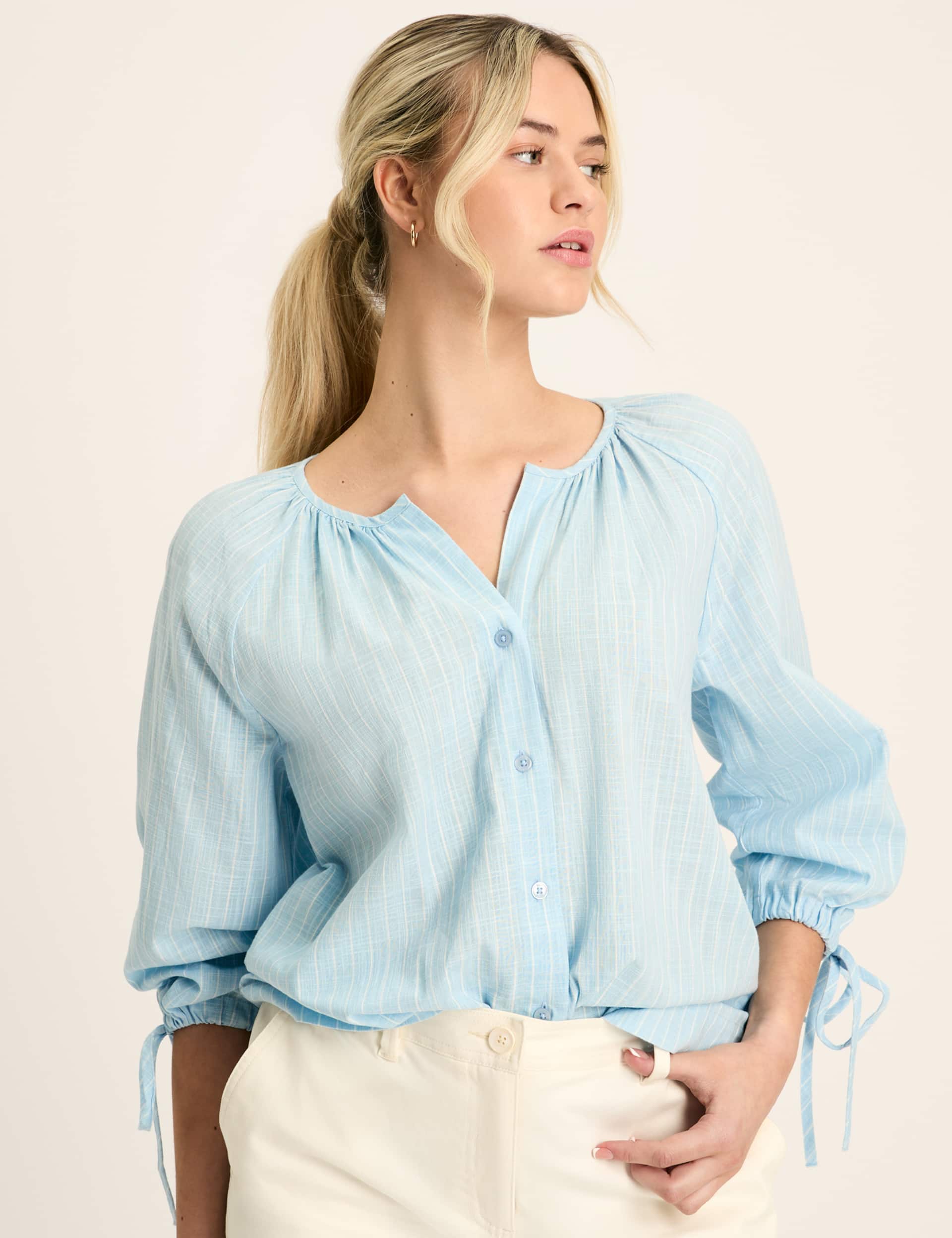 Joules Women's Pure Cotton Striped Notch Neck Blouse