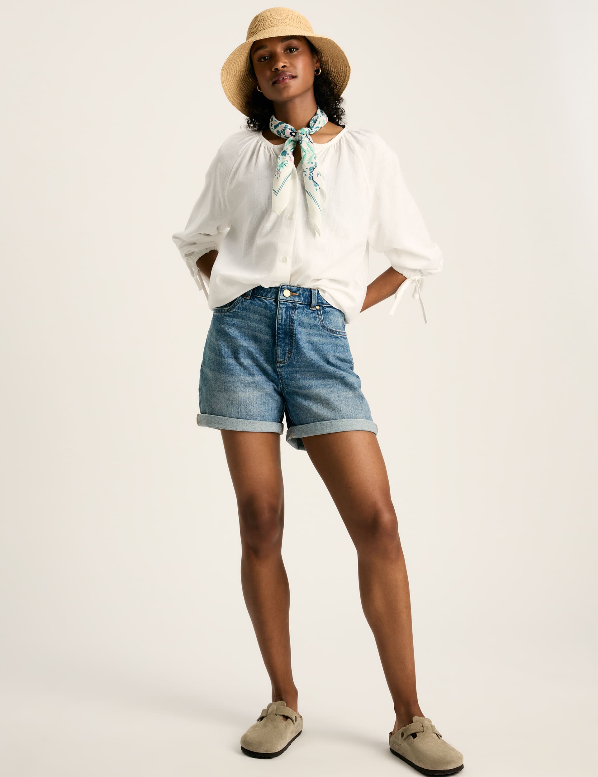 Joules Women's Pure Cotton Notch Neck Tie Cuff Blouse