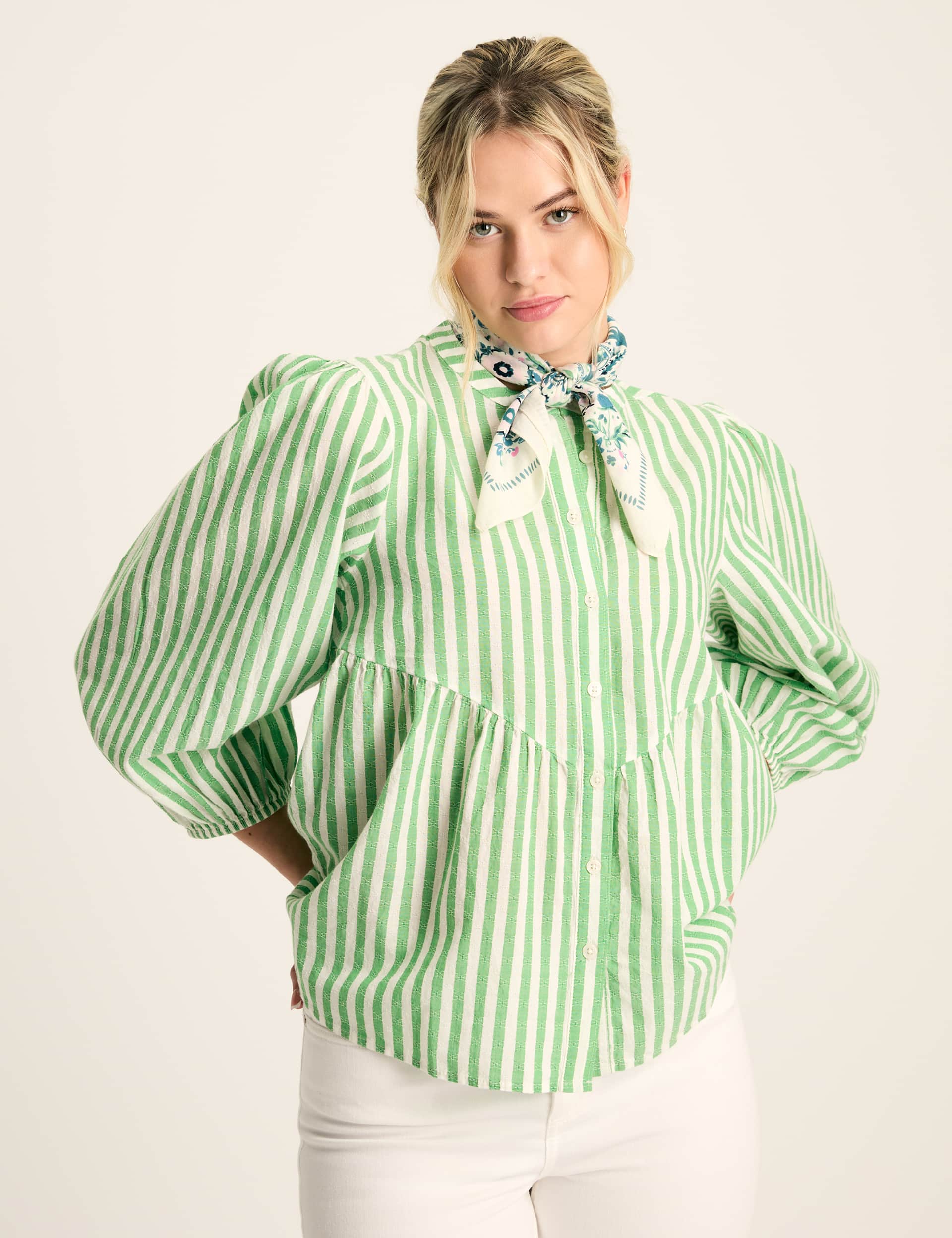 Joules Women's Pure Cotton Striped Blouson Sleeve Blouse