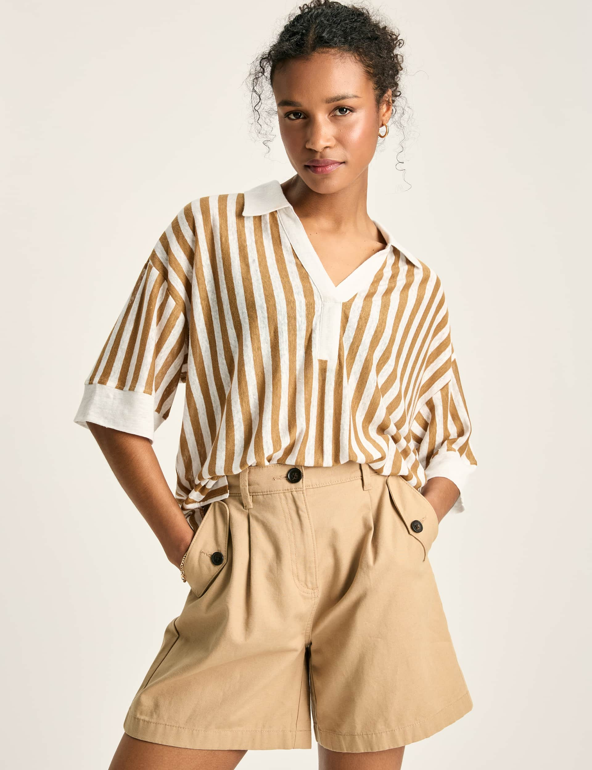 Joules Women's Pure Linen Striped Polo Shirt - 14 - Brown Mix, Brown Mix