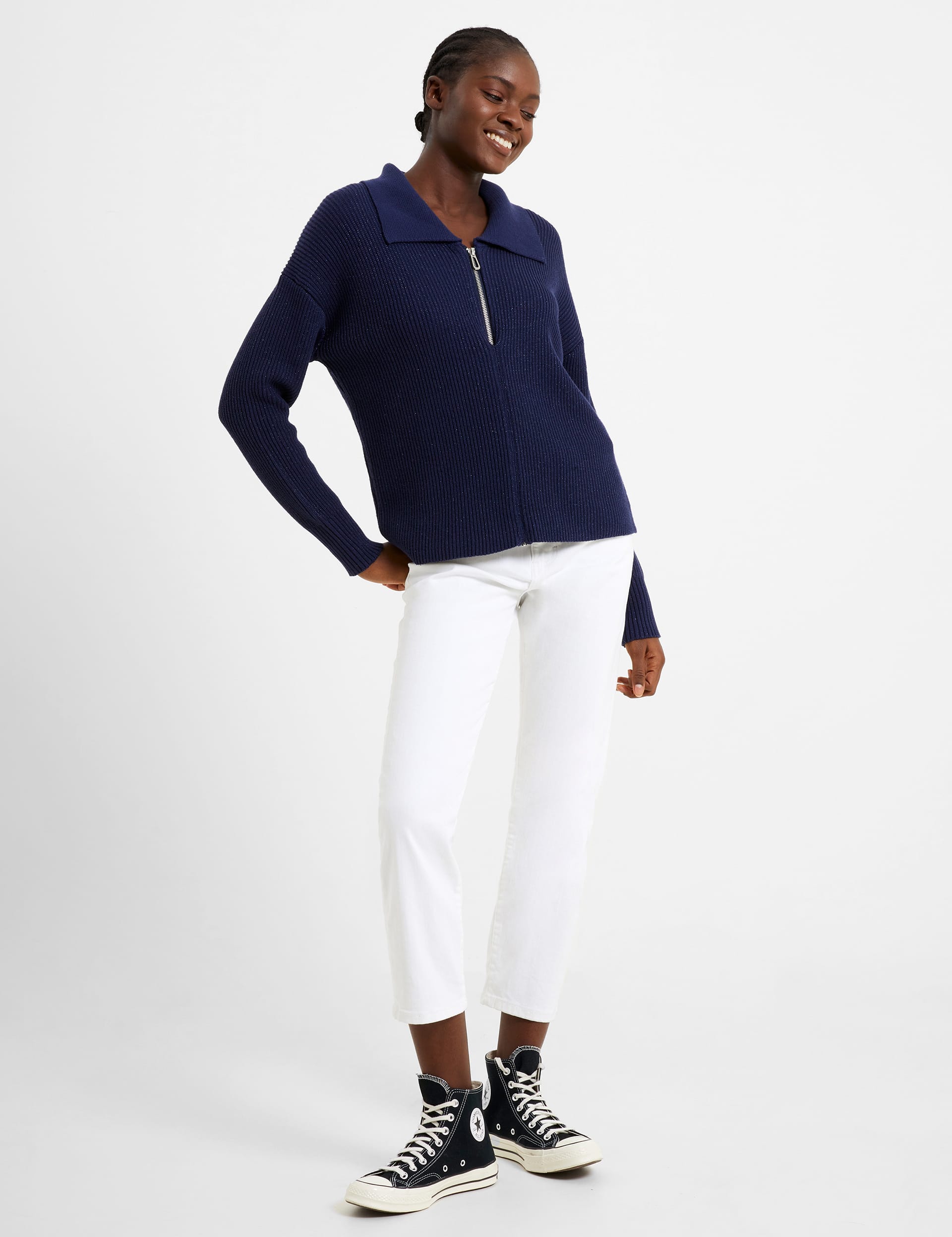 French Connection Women's Cotton Rich Sparkly Ribbed Collared Jumper