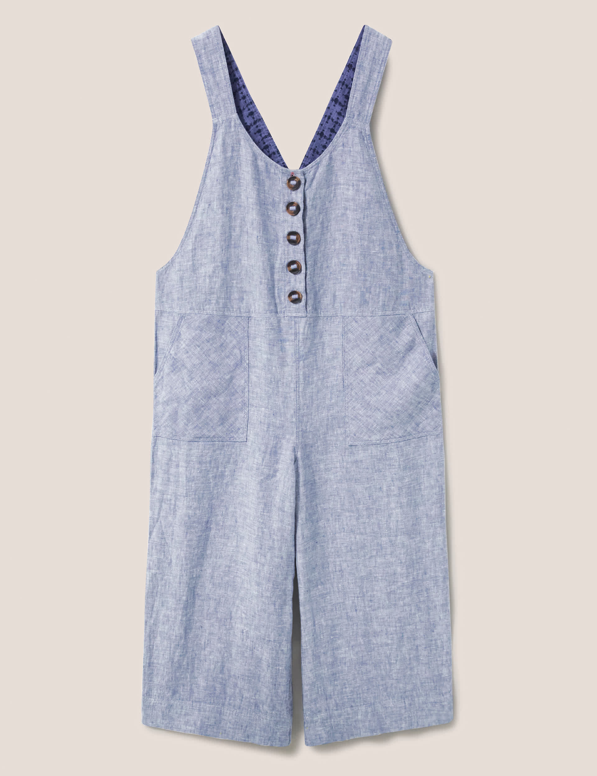 White Stuff Women's Pure Linen Button Front Cropped Dungarees - 20 - Blue, Blue