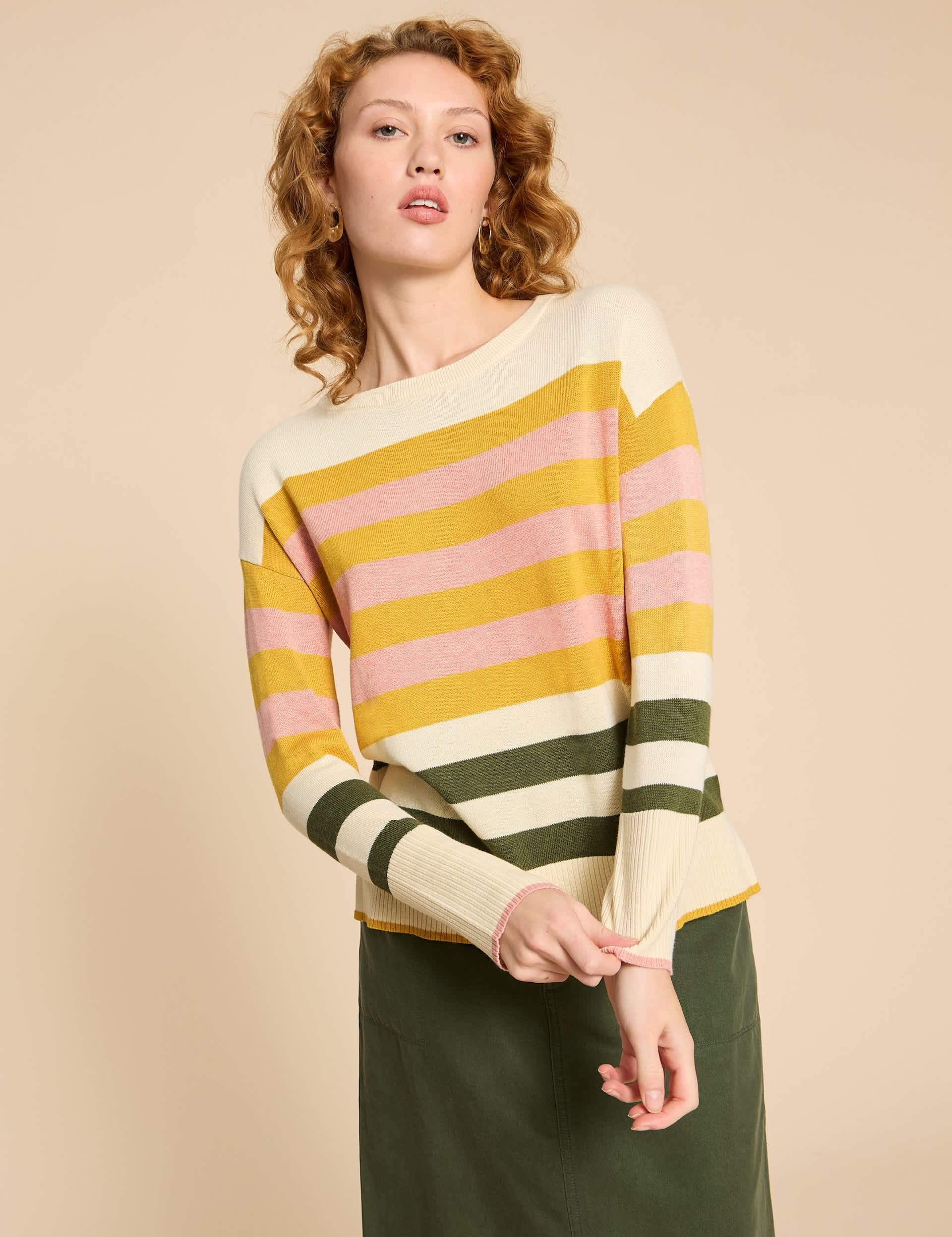 White Stuff Women's Cotton Blend Striped Crew Neck Jumper - 8 - Natural Mix, Natural Mix