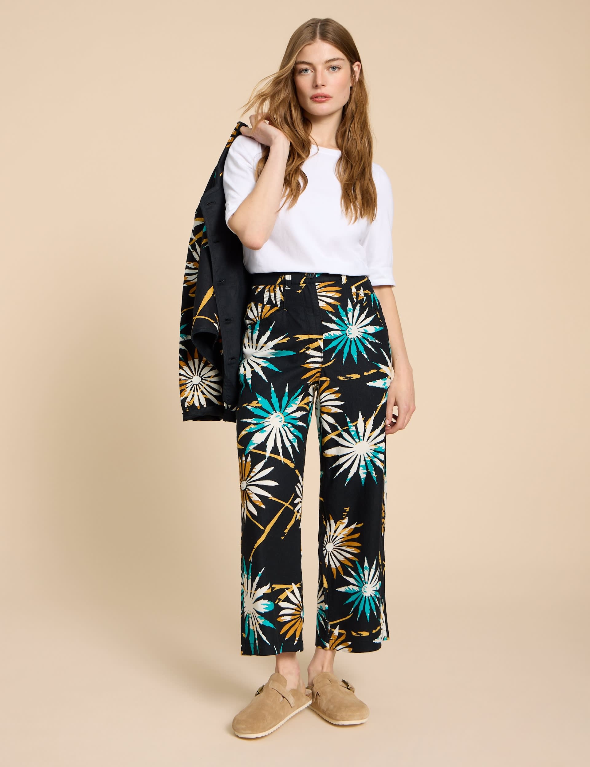 White Stuff Women's Linen Rich Printed Wide Leg Trousers