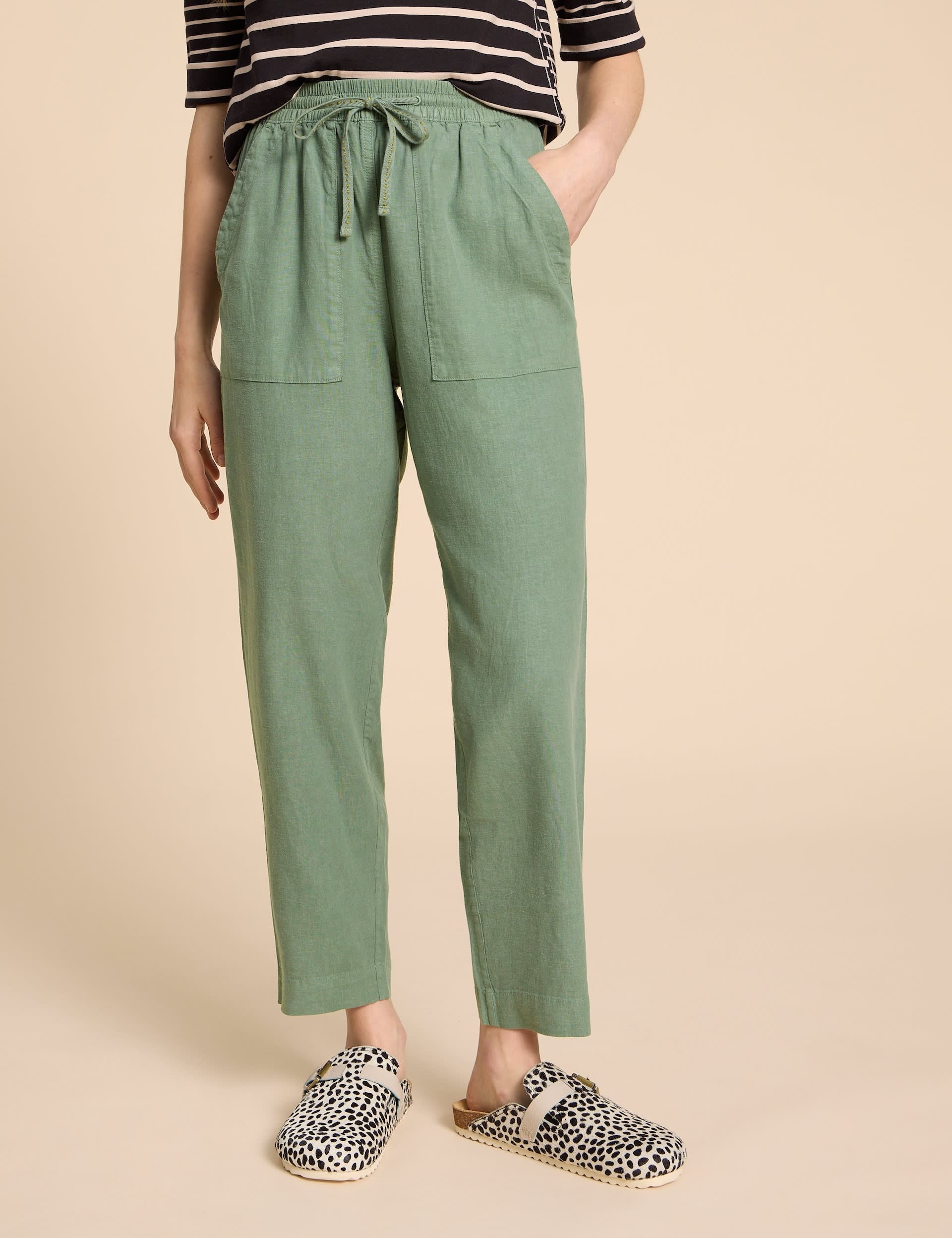 White Stuff Women's Linen Rich Relaxed Trousers - 14REG - Green, Natural,Green