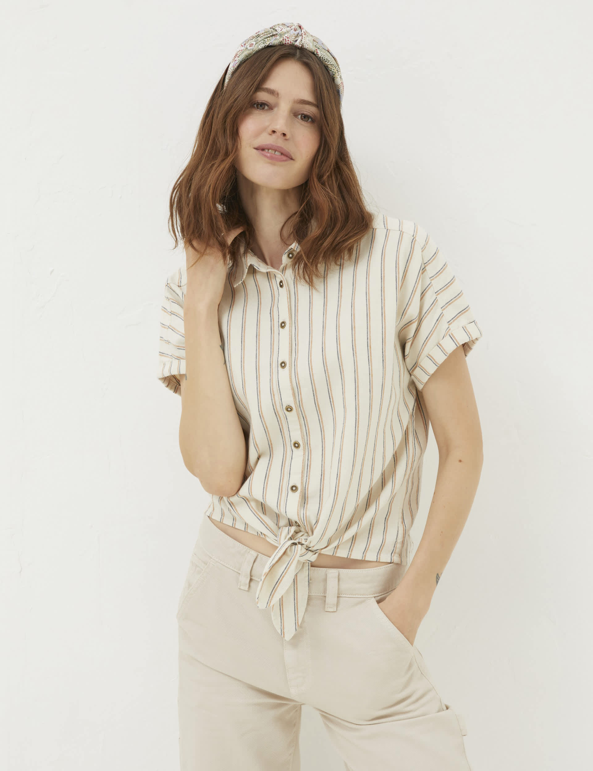 Fatface Women's Linen Blend Striped Tie Front Shirt - 20 - Ivory, Ivory